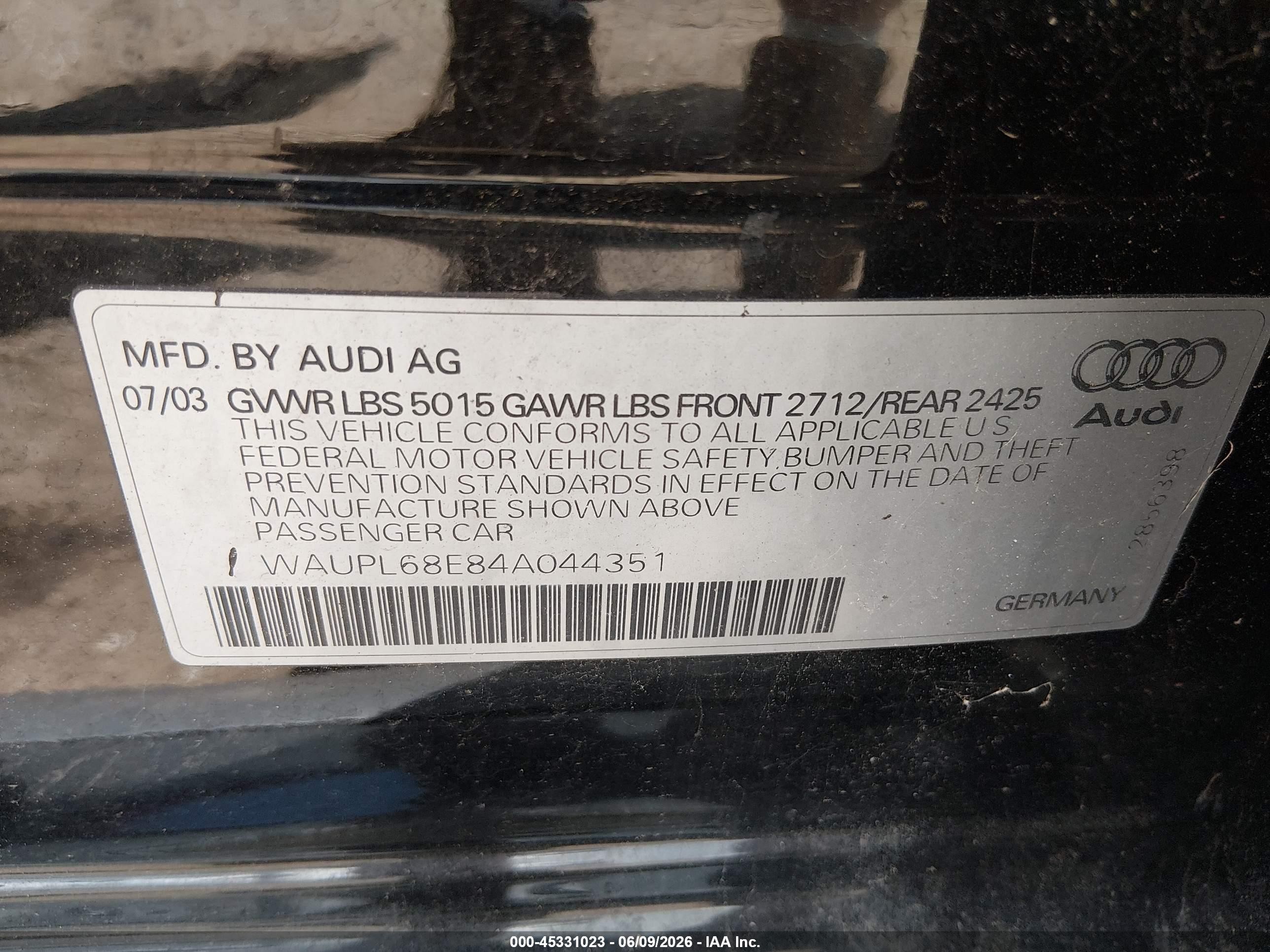 2004 Audi S4 4.2 Black vin: WAUPL68E84A044351