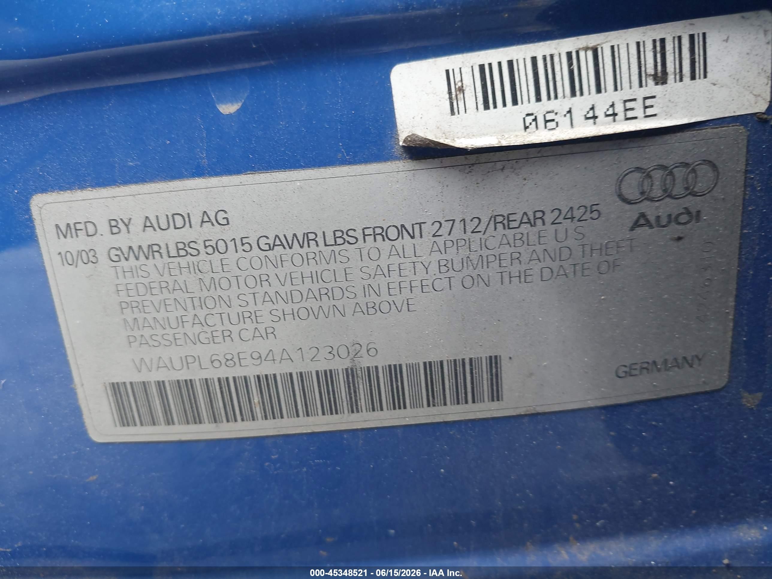 2004 Audi S4 4.2 Blue vin: WAUPL68E94A123026