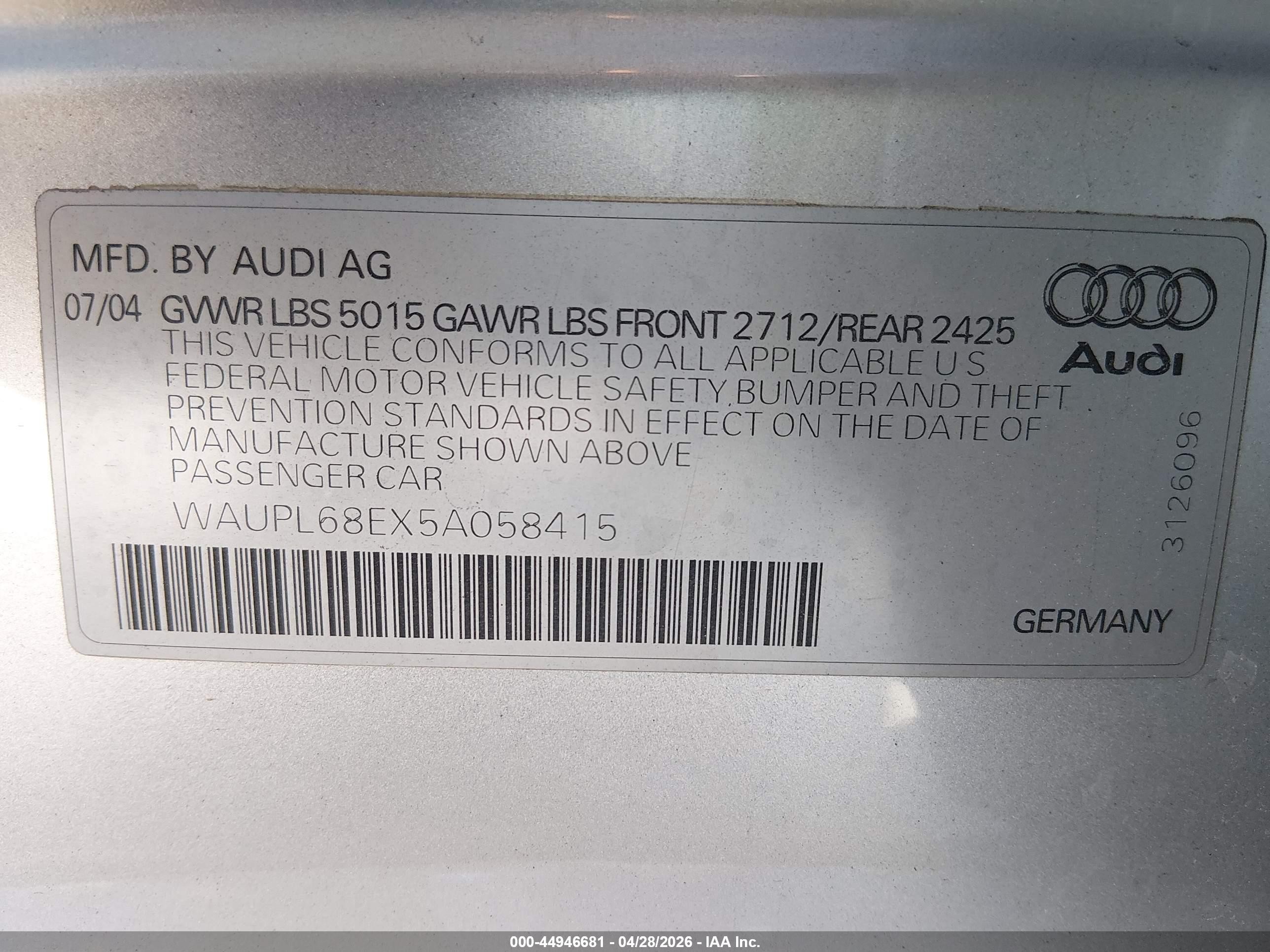 2005 Audi S4 4.2 Silver vin: WAUPL68EX5A058415