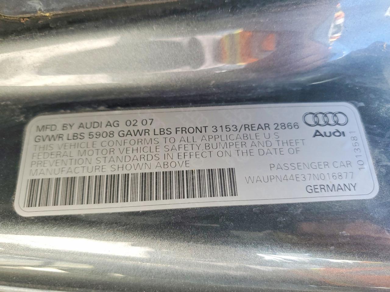 2007 Audi S8 Quattro Gray vin: WAUPN44E37N016877