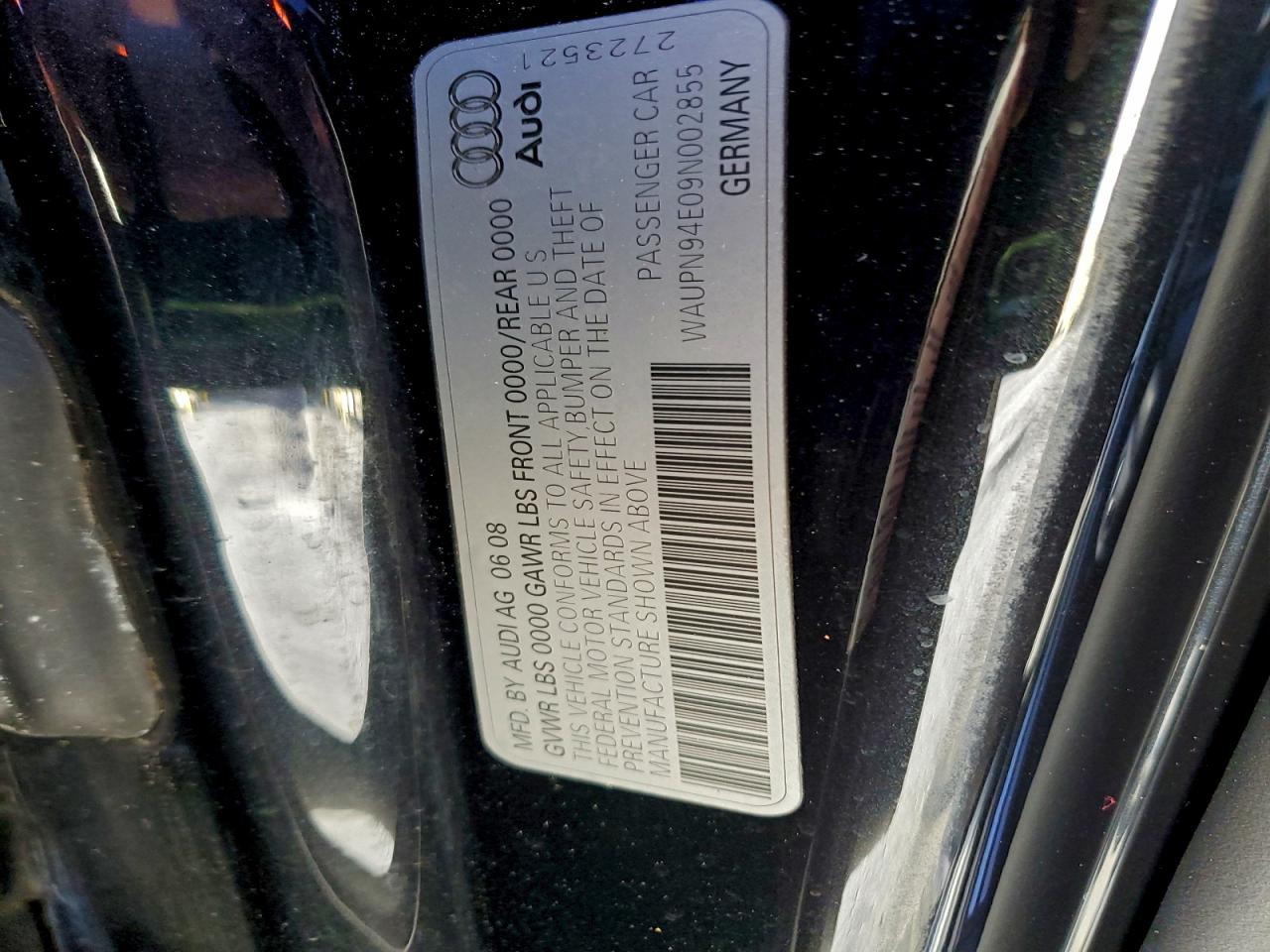 2009 Audi S8 Quattro Black vin: WAUPN94E09N002855