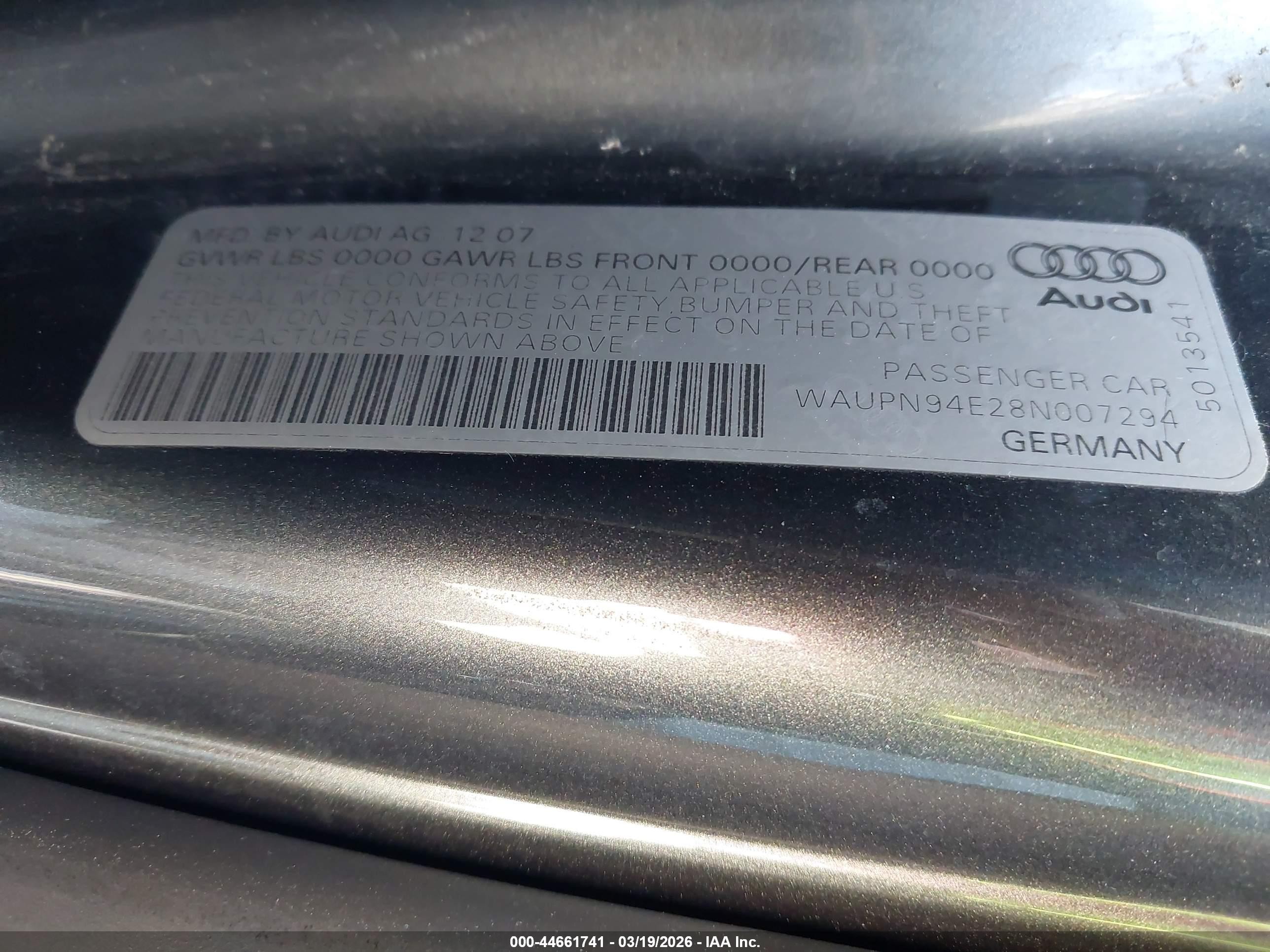 2008 Audi S8 5.2 Gray vin: WAUPN94E28N007294