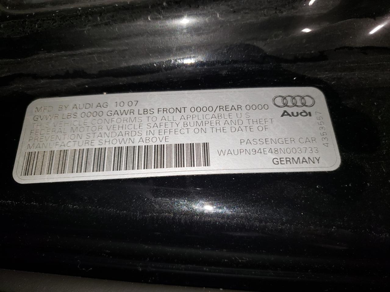 2008 Audi S8 Quattro Black vin: WAUPN94E48N003733