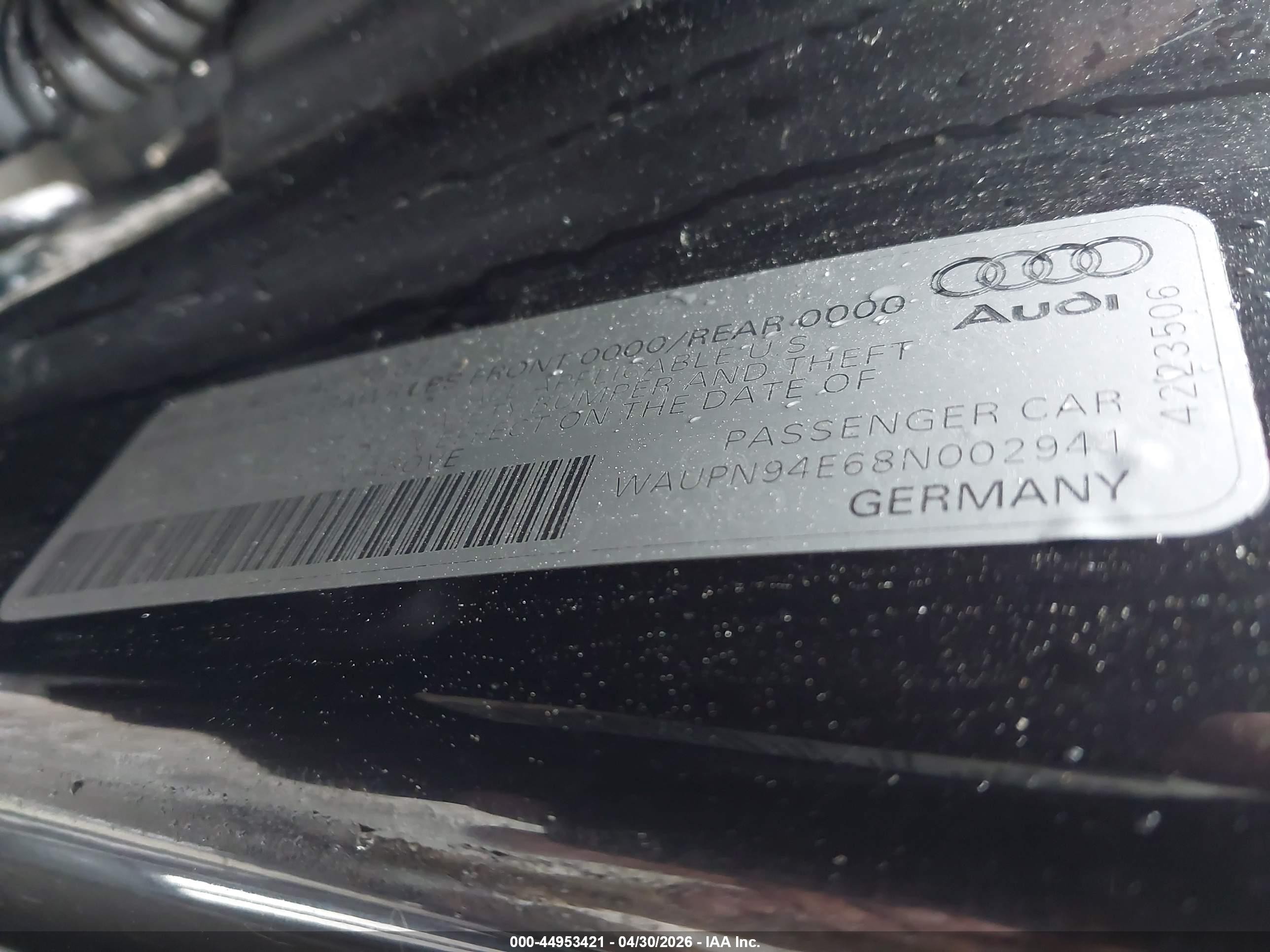 2008 Audi S8 5.2 Black vin: WAUPN94E68N002941