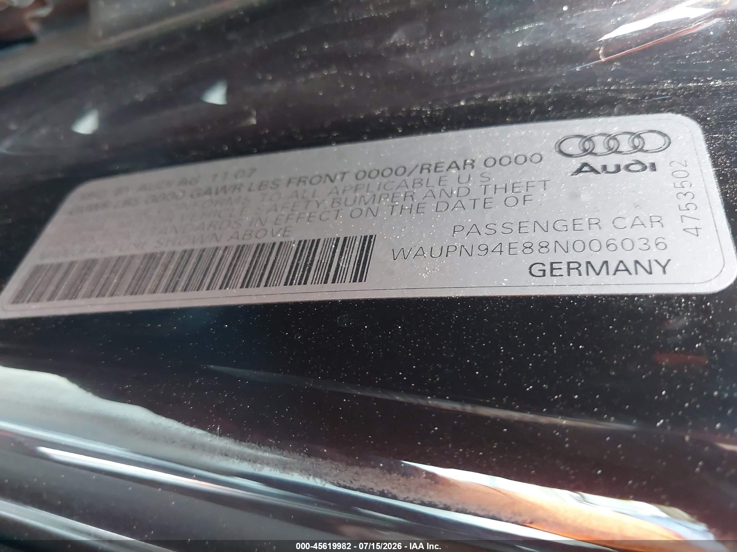 2008 Audi S8 5.2 Black vin: WAUPN94E88N006036
