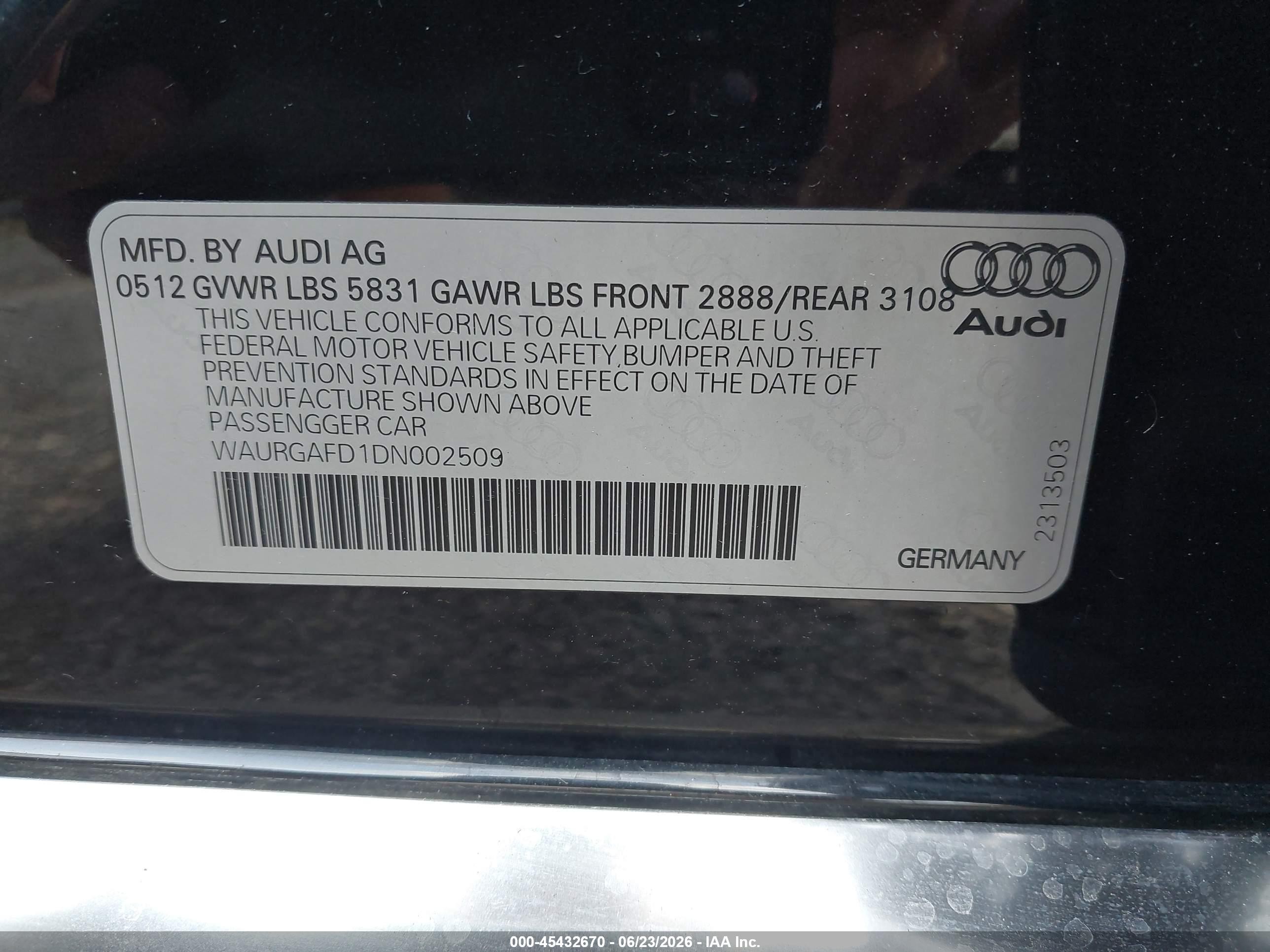 2013 Audi A8 L 3.0t Черный vin: WAURGAFD1DN002509