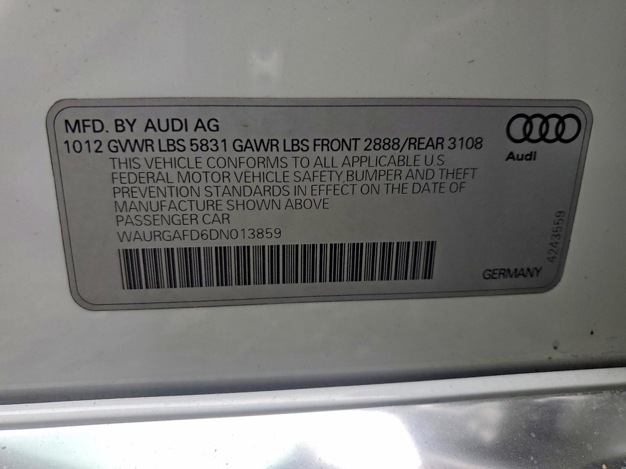 2013 Audi A8 L Quattro White vin: WAURGAFD6DN013859