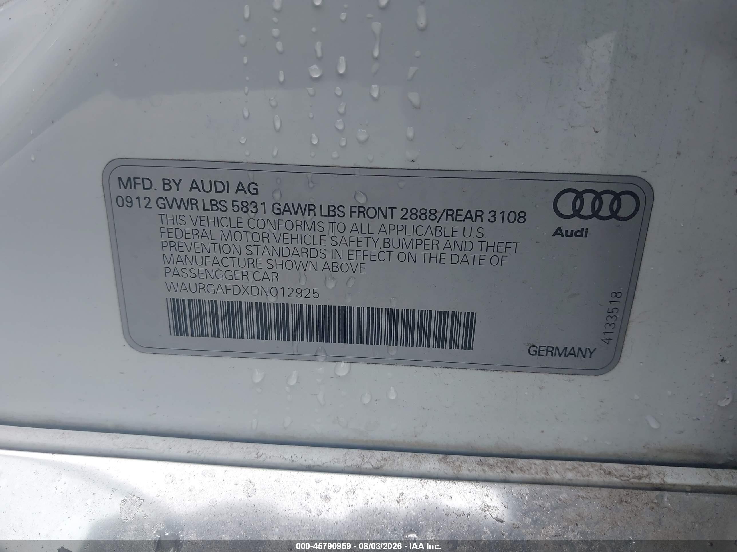 2013 Audi A8 L 3.0t White vin: WAURGAFDXDN012925