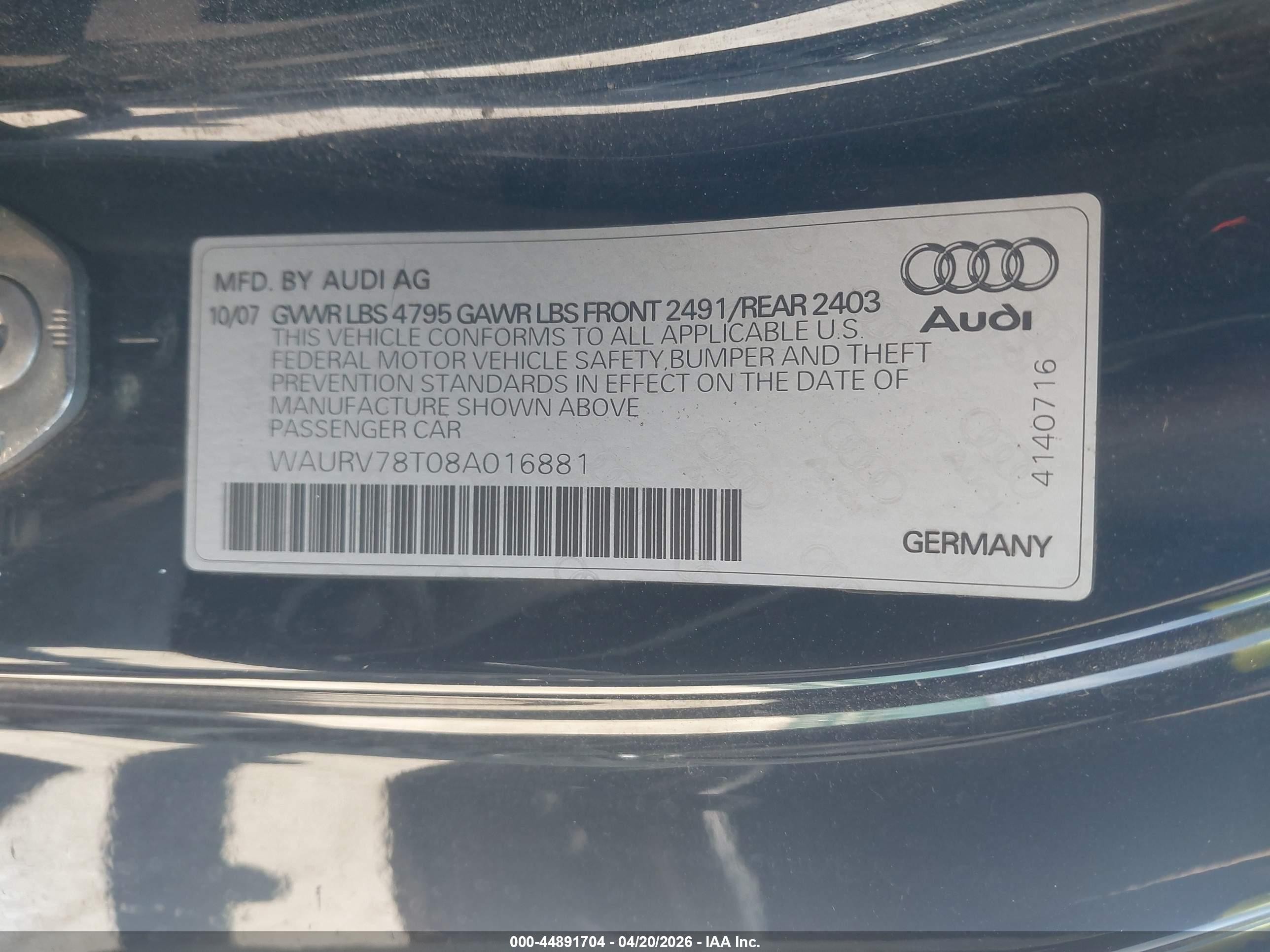 2008 Audi S5 4.2l Dark Blue vin: WAURV78T08A016881