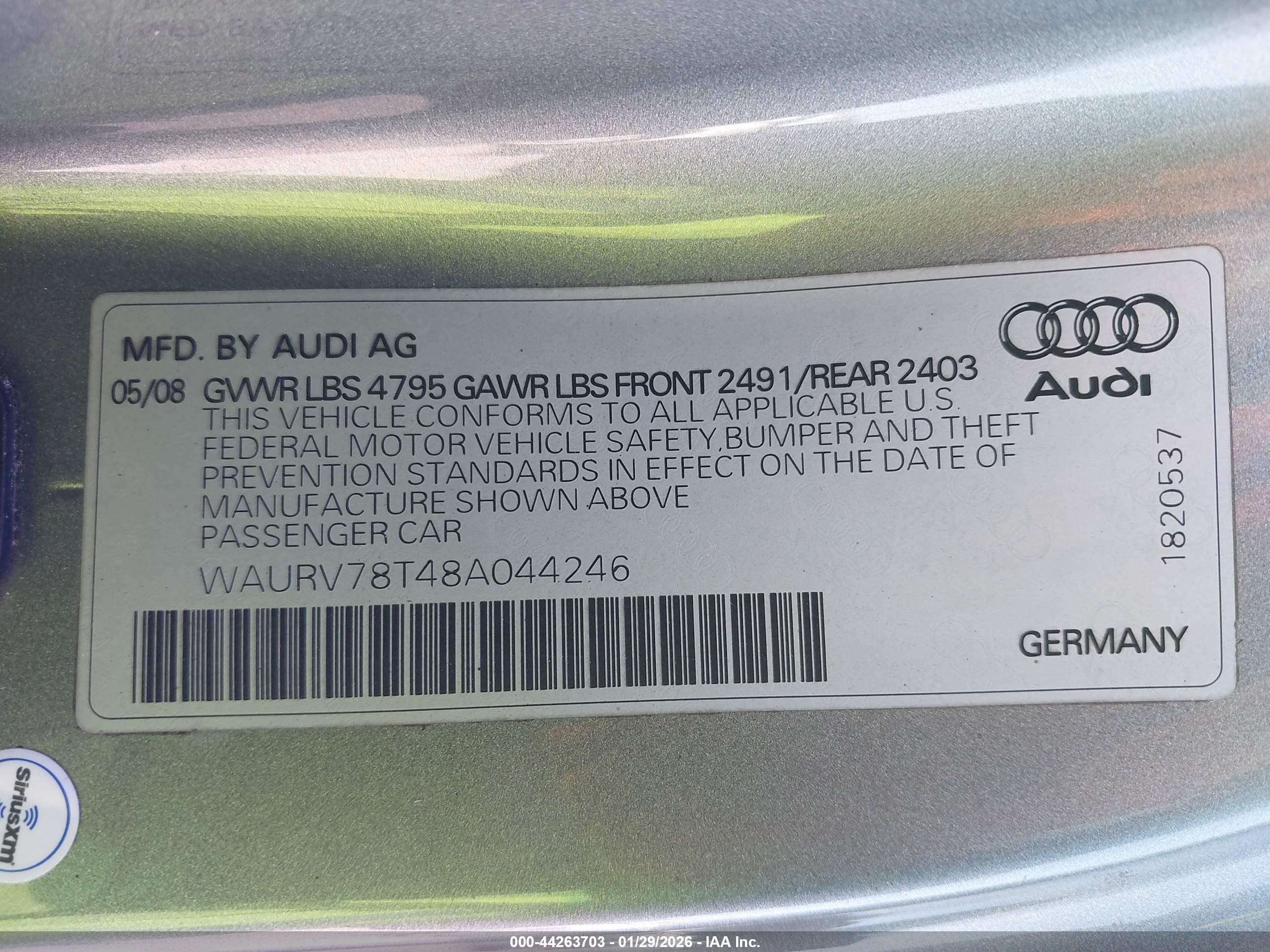 2008 Audi S5 4.2l Серебряный vin: WAURV78T48A044246