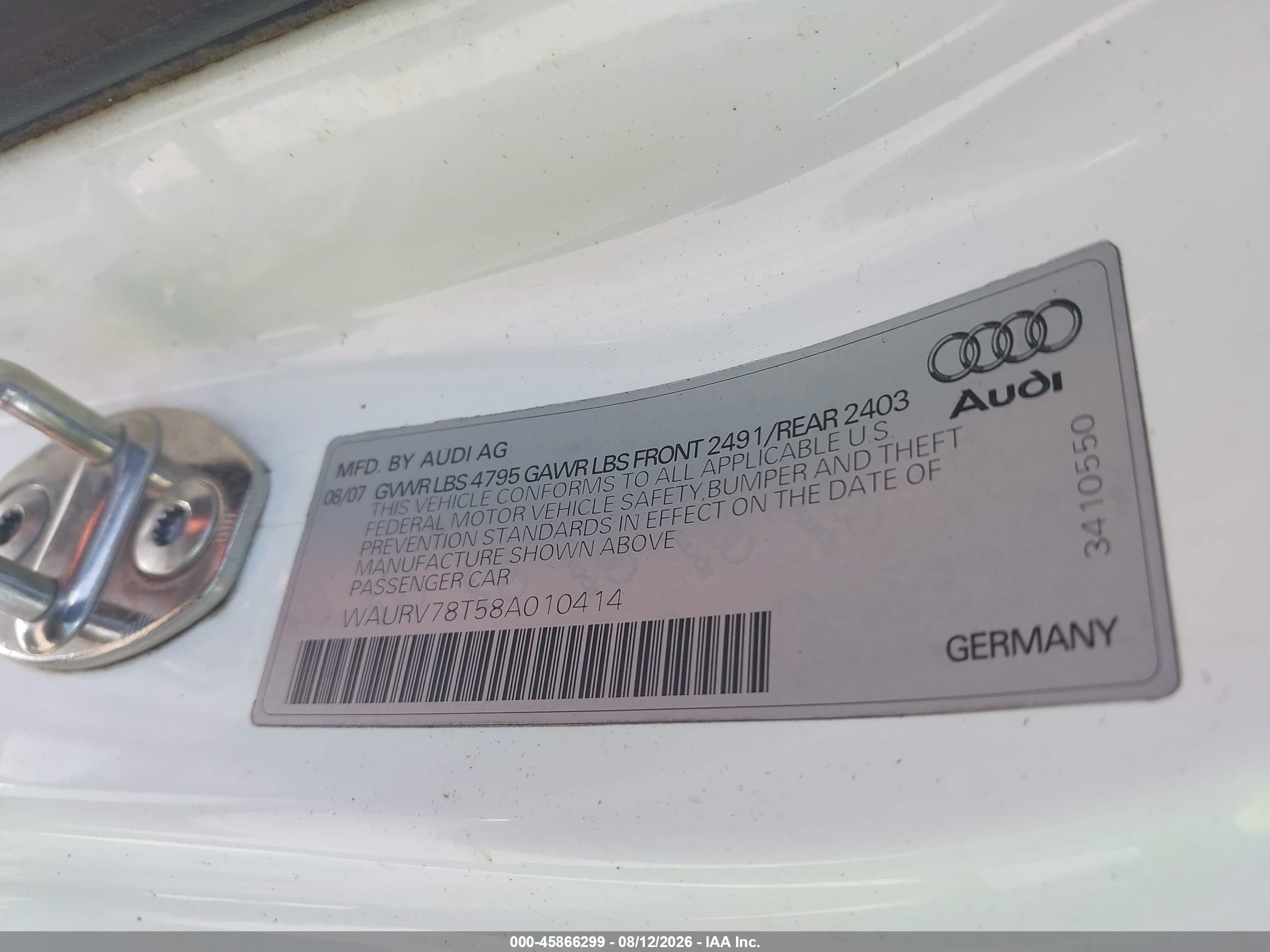 2008 Audi S5 4.2l White vin: WAURV78T58A010414