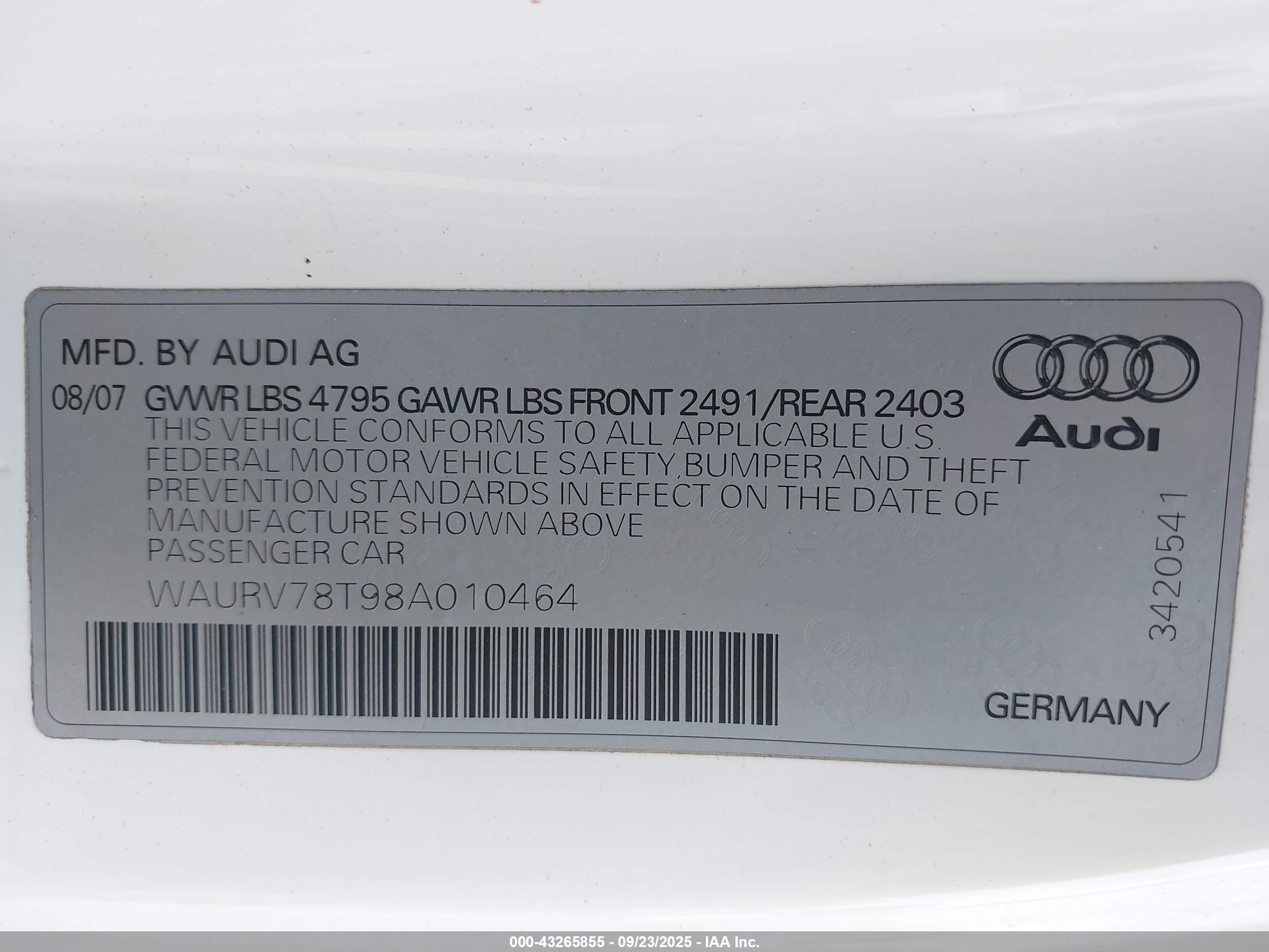 2008 Audi S5 4.2l White vin: WAURV78T98A010464