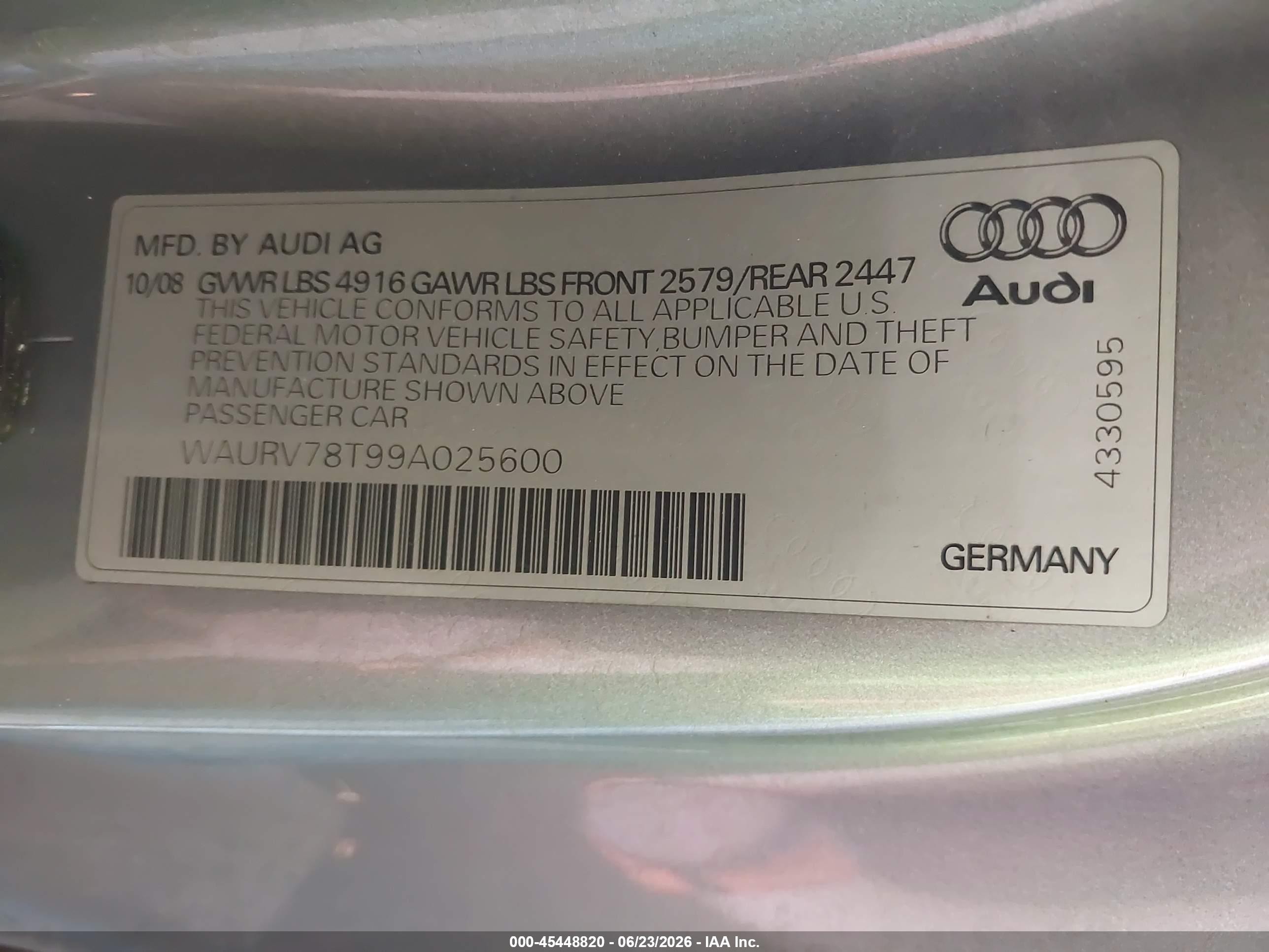 2009 Audi S5 4.2l Gray vin: WAURV78T99A025600