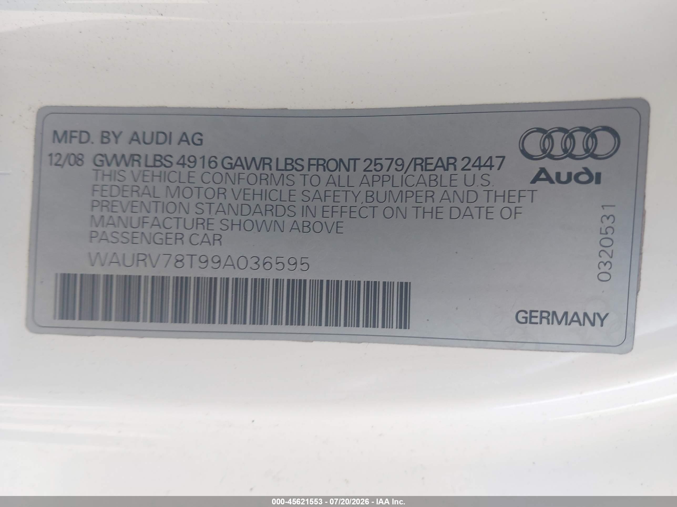 2009 Audi S5 4.2l White vin: WAURV78T99A036595