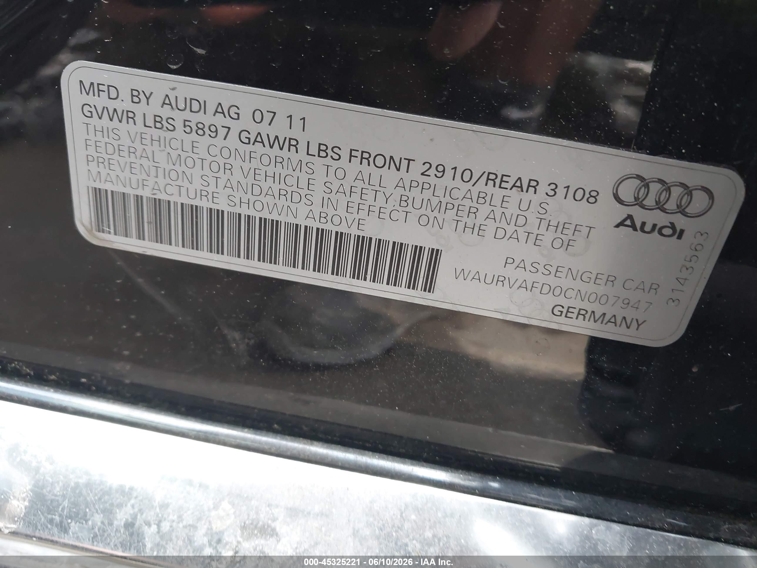 2012 Audi A8 L 4.2 Black vin: WAURVAFD0CN007947