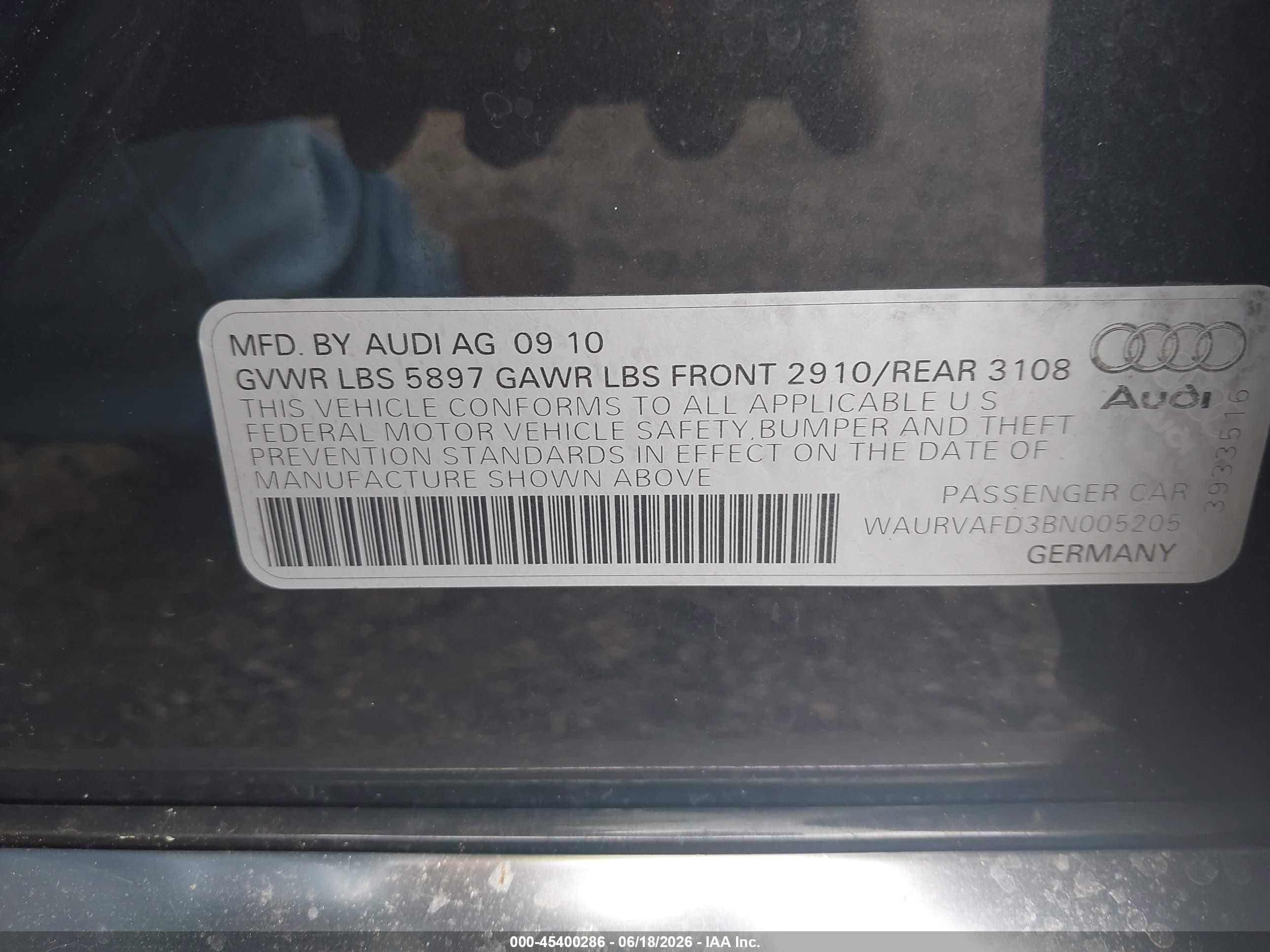 2011 Audi A8 L 4.2 Black vin: WAURVAFD3BN005205