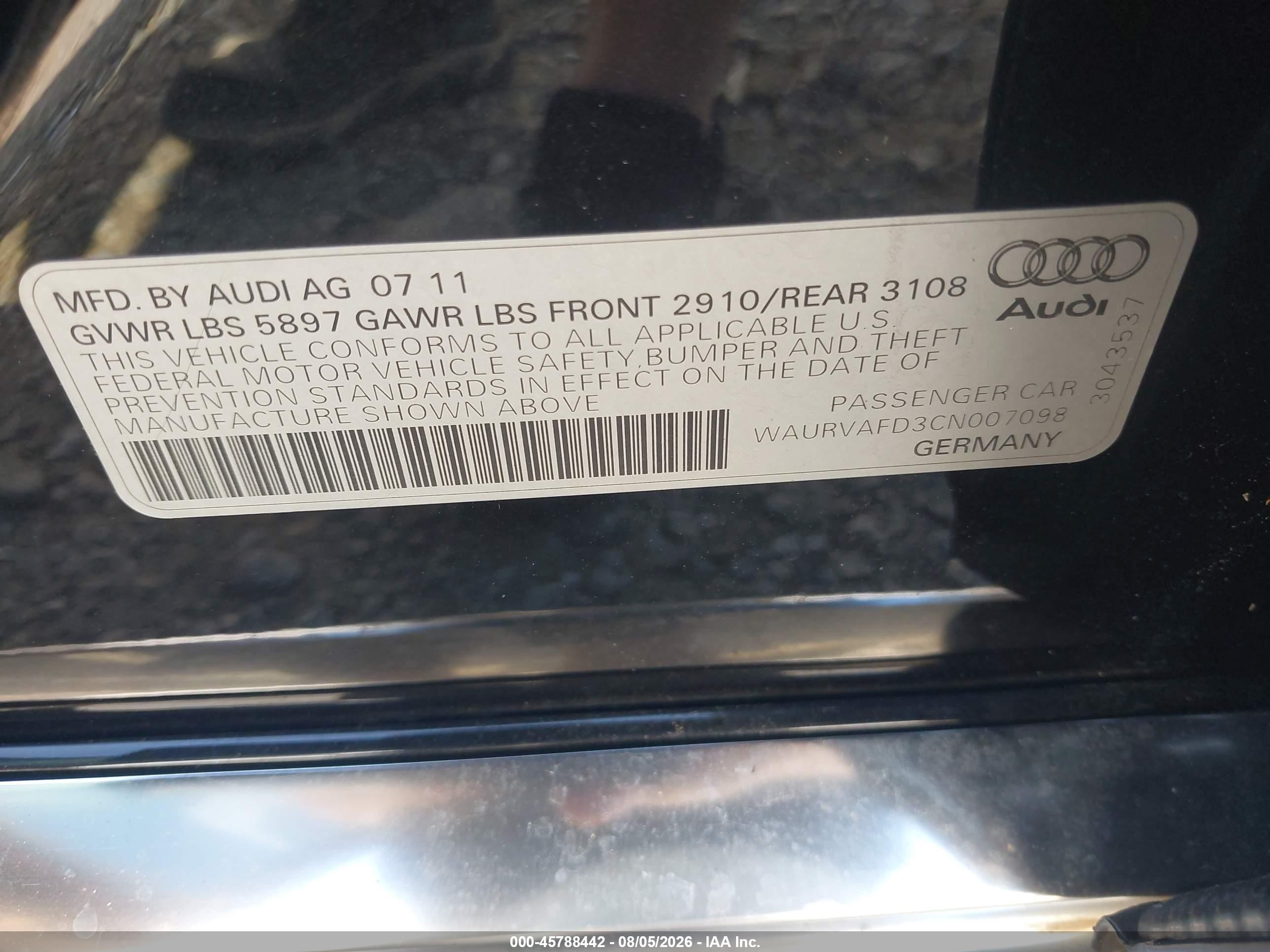 2012 Audi A8 L 4.2 Black vin: WAURVAFD3CN007098