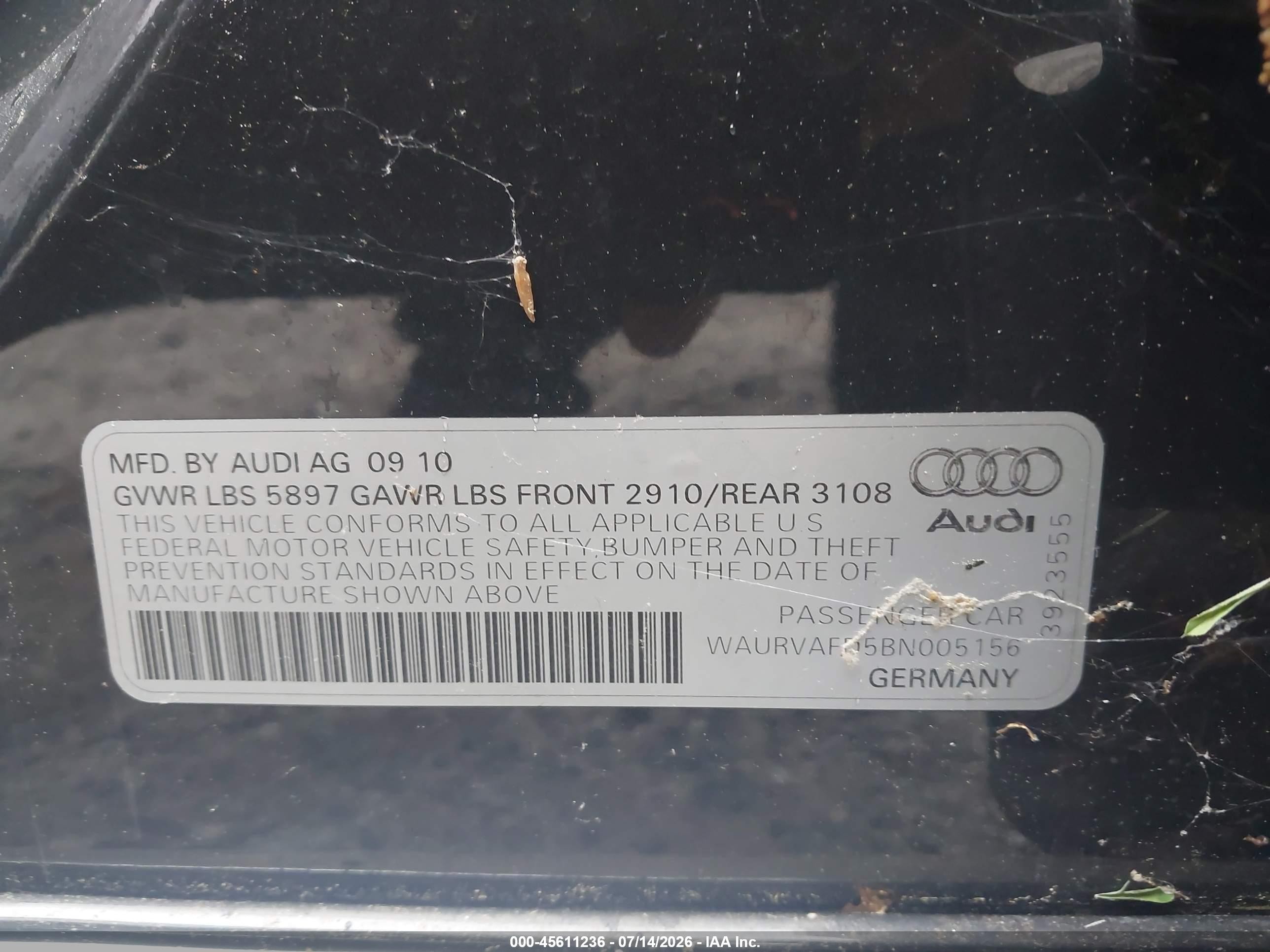 2011 Audi A8 L 4.2 Black vin: WAURVAFD5BN005156