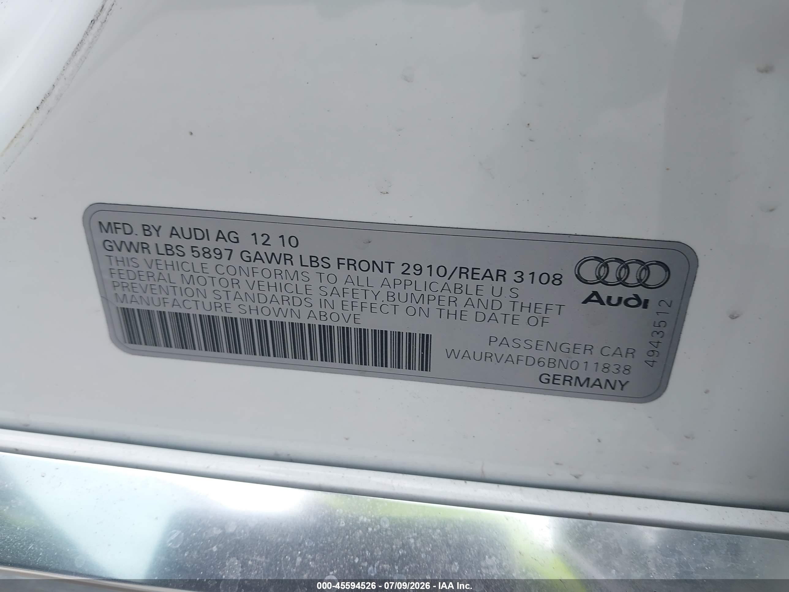 2011 Audi A8 L 4.2 White vin: WAURVAFD6BN011838