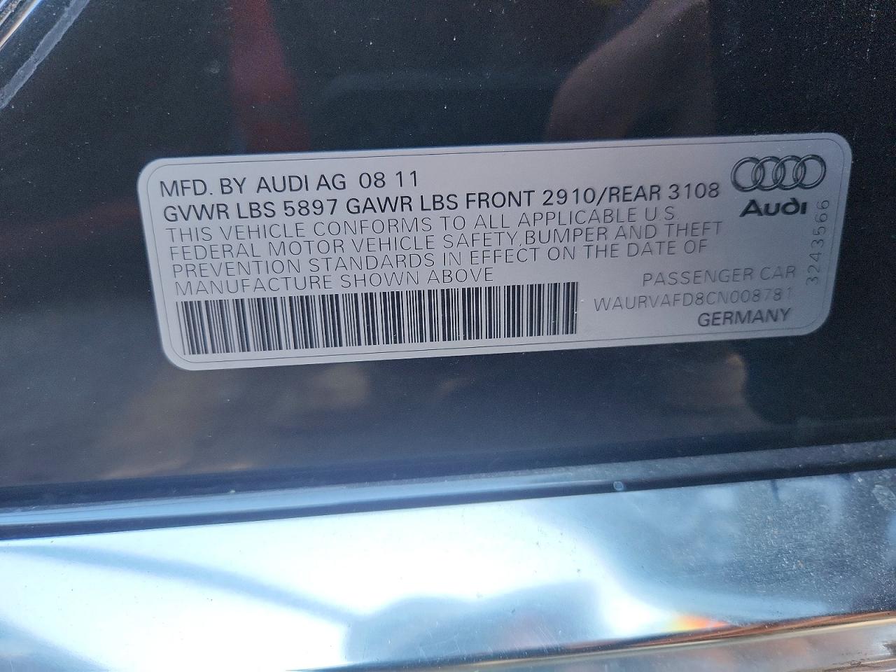 2012 Audi A8 L Quattro Угольный vin: WAURVAFD8CN008781
