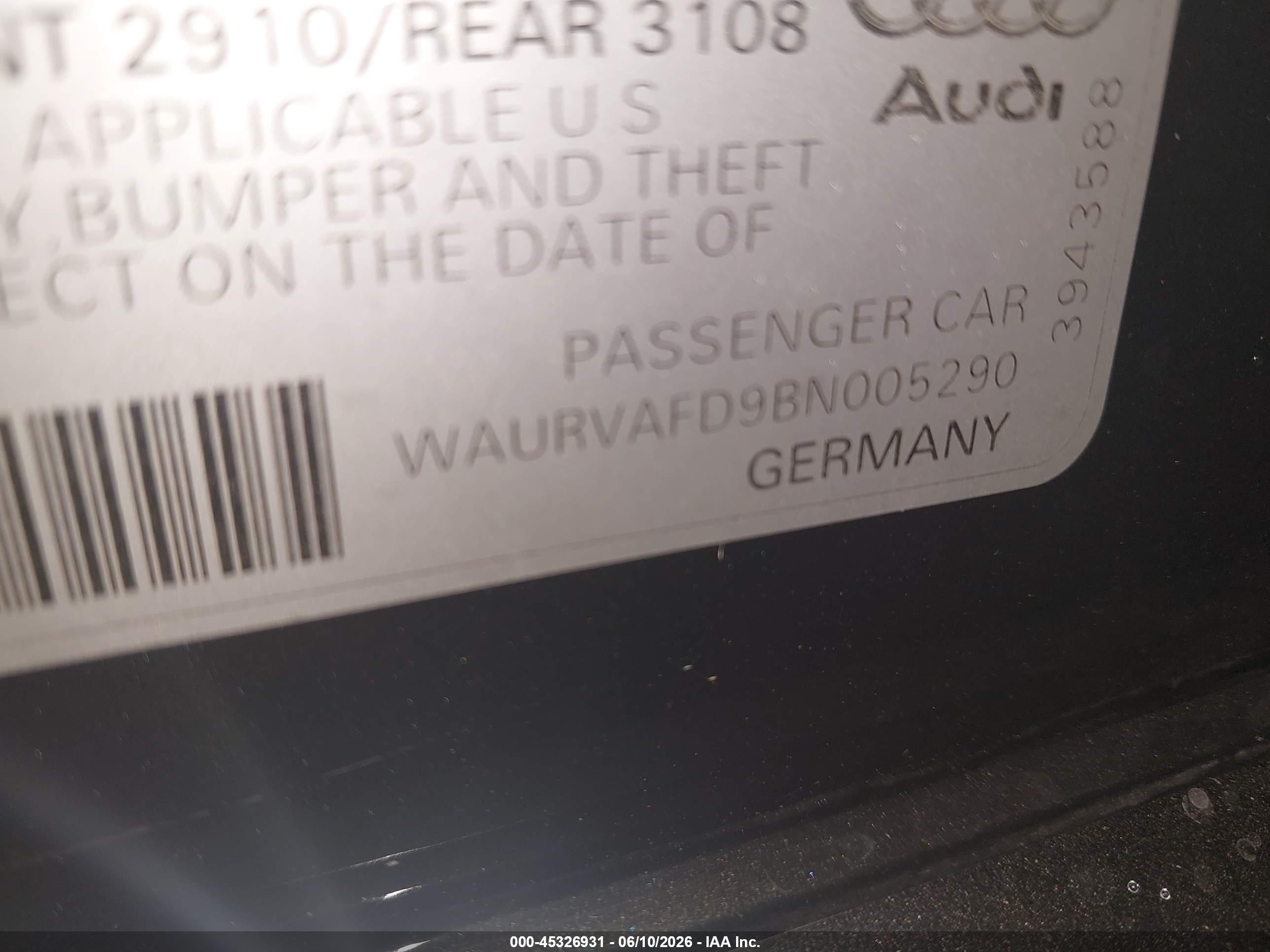 2011 Audi A8 L 4.2 Black vin: WAURVAFD9BN005290