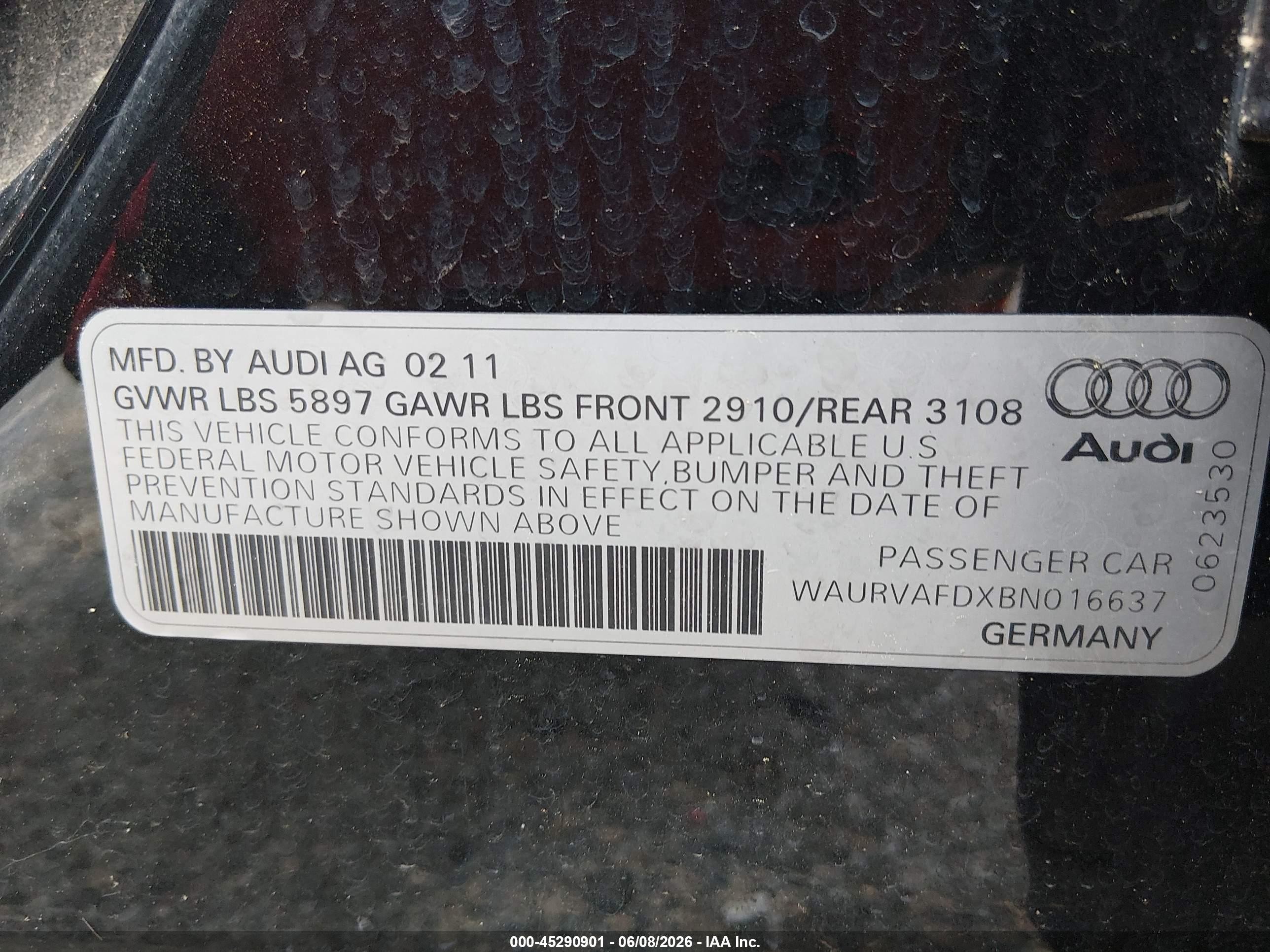 2011 Audi A8 L 4.2 Black vin: WAURVAFDXBN016637