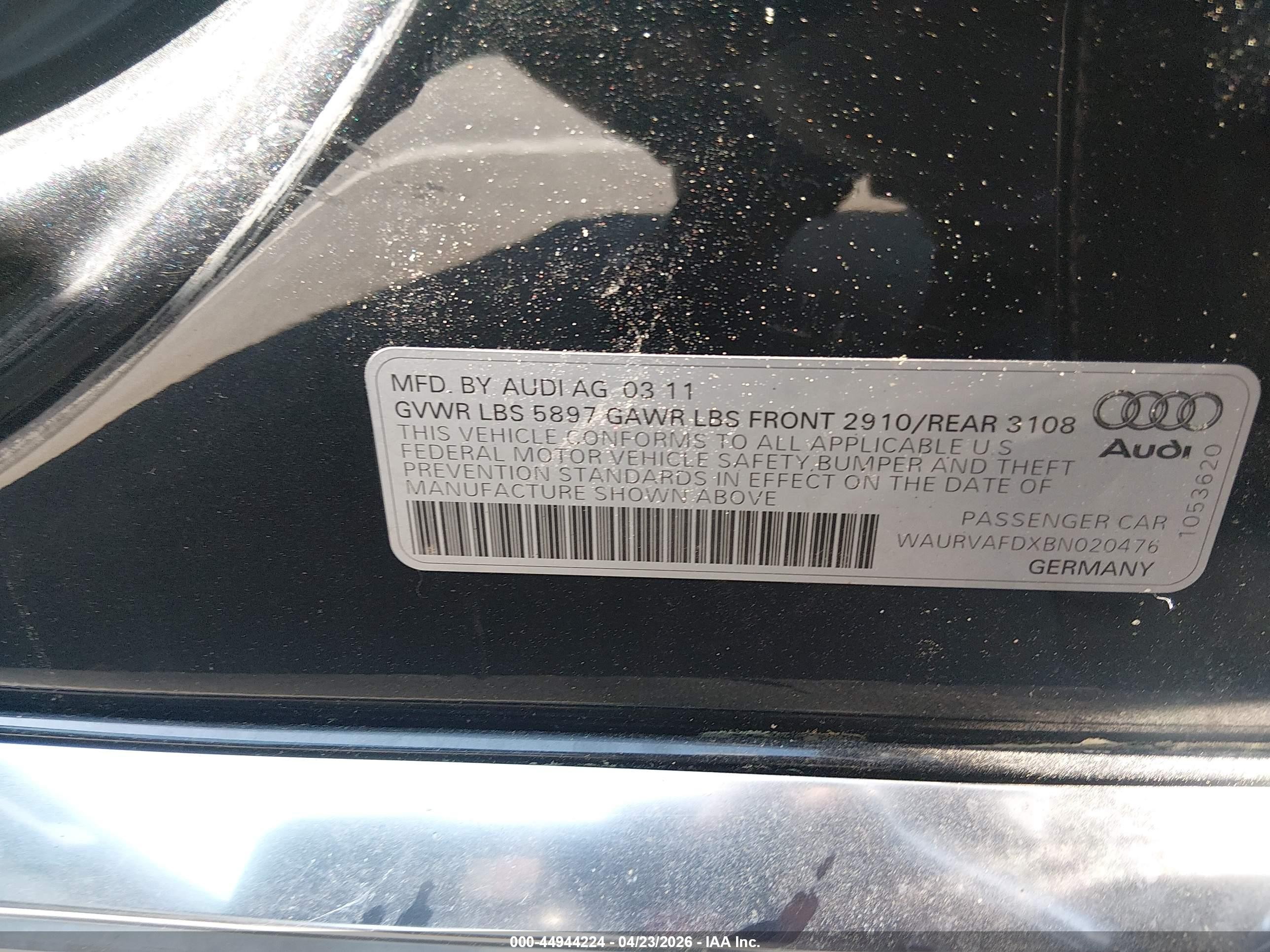2011 Audi A8 L 4.2 Black vin: WAURVAFDXBN020476