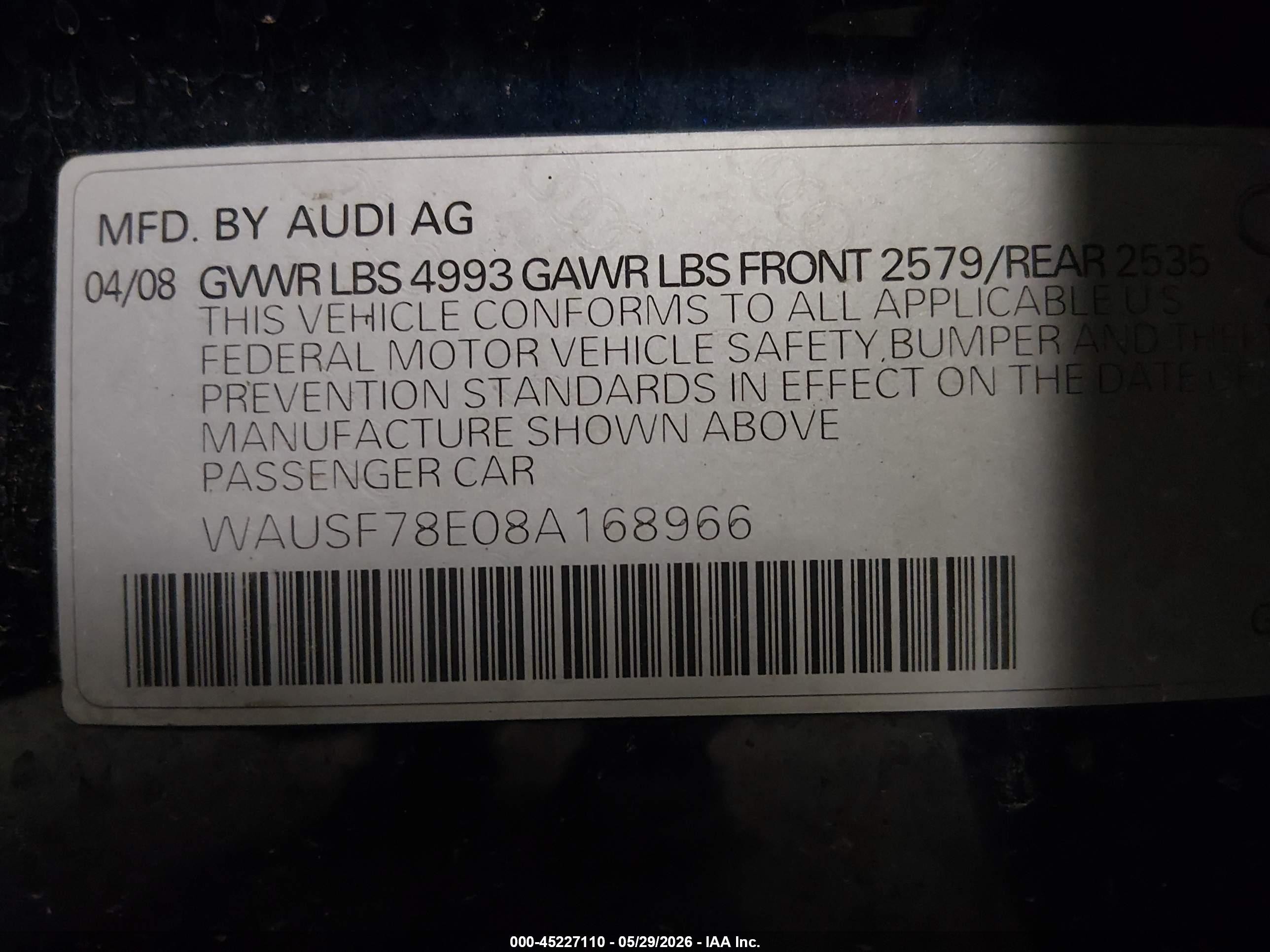 2008 Audi A4 2.0t/2.0t Avant Special Edition Dark Blue vin: WAUSF78E08A168966