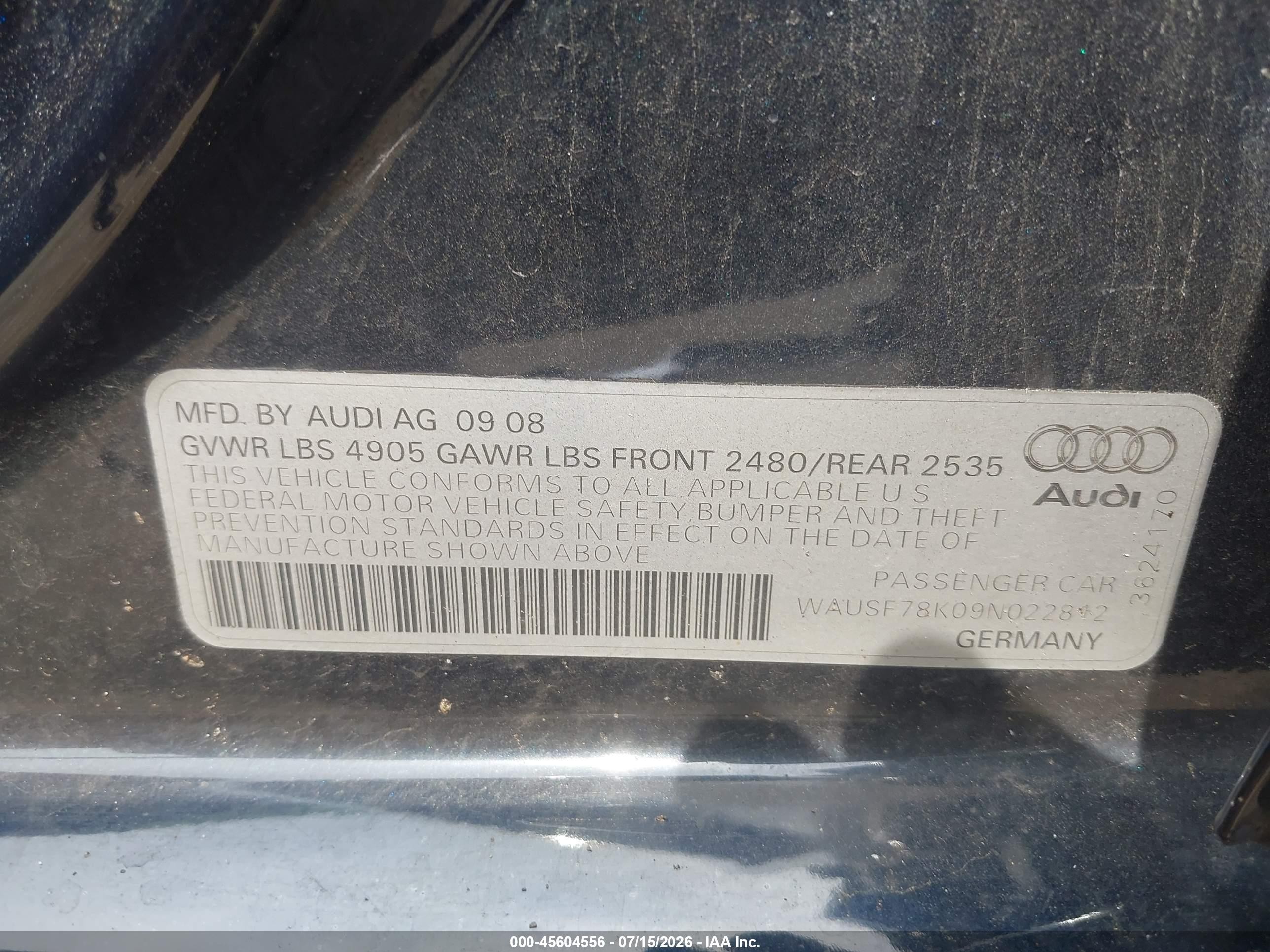 2009 Audi A4 2.0t Premium Black vin: WAUSF78K09N022812