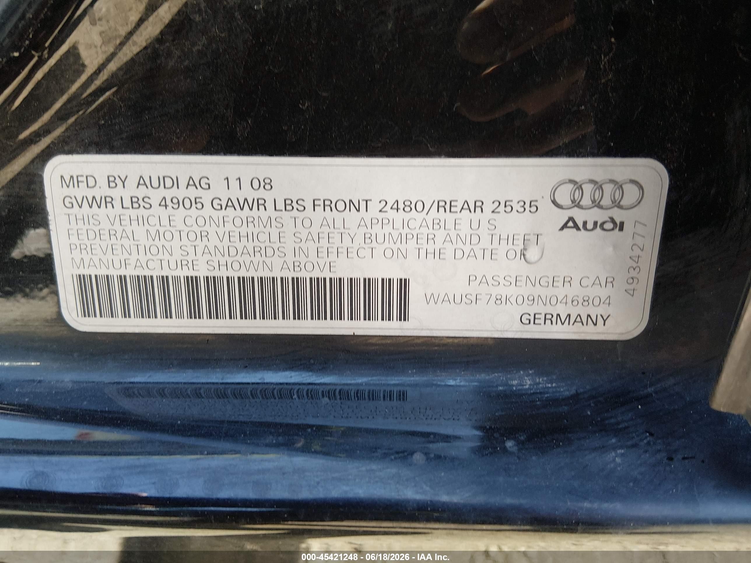 2009 Audi A4 2.0t Premium Black vin: WAUSF78K09N046804