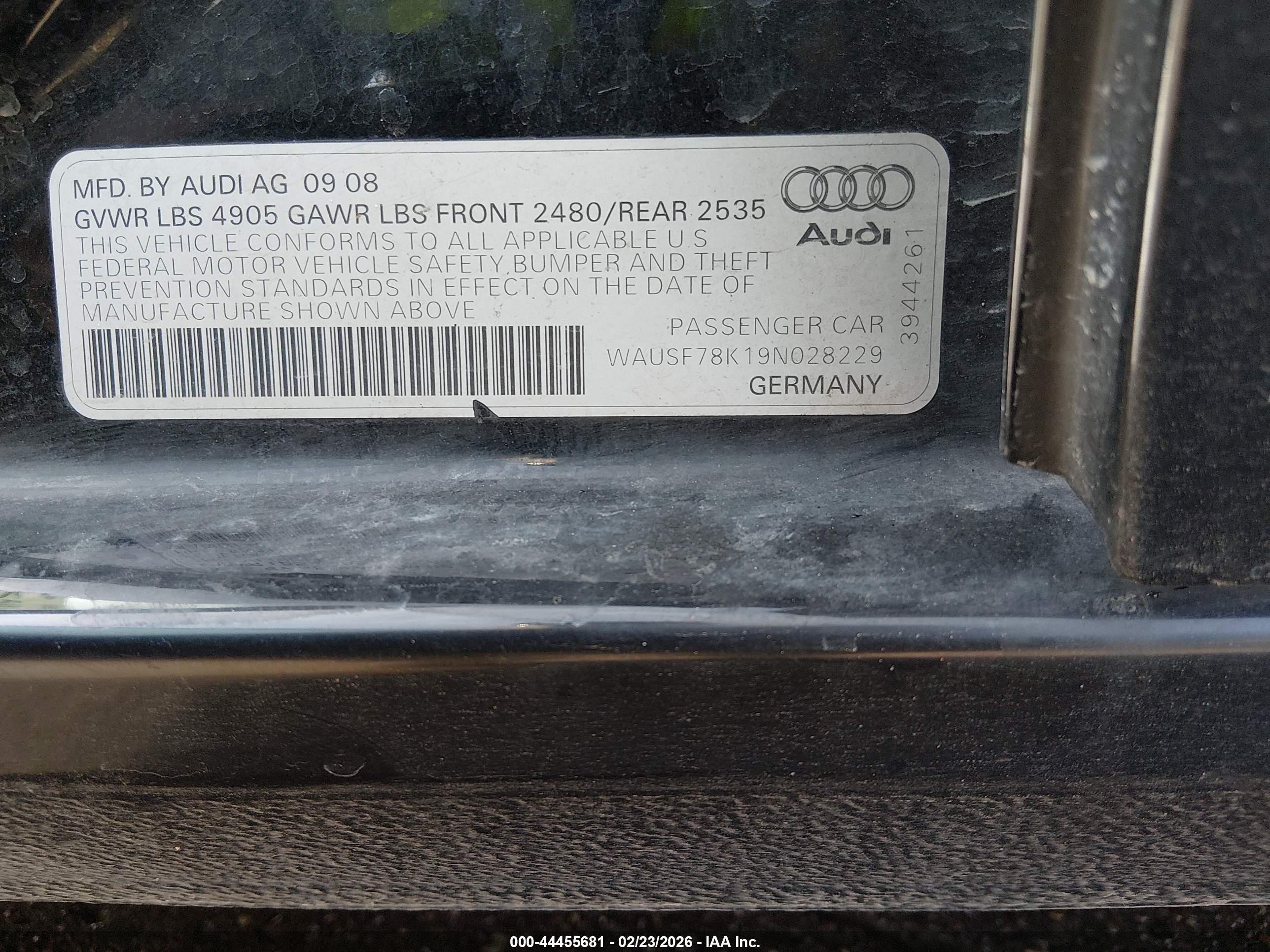 2009 Audi A4 2.0t Premium Black vin: WAUSF78K19N028229