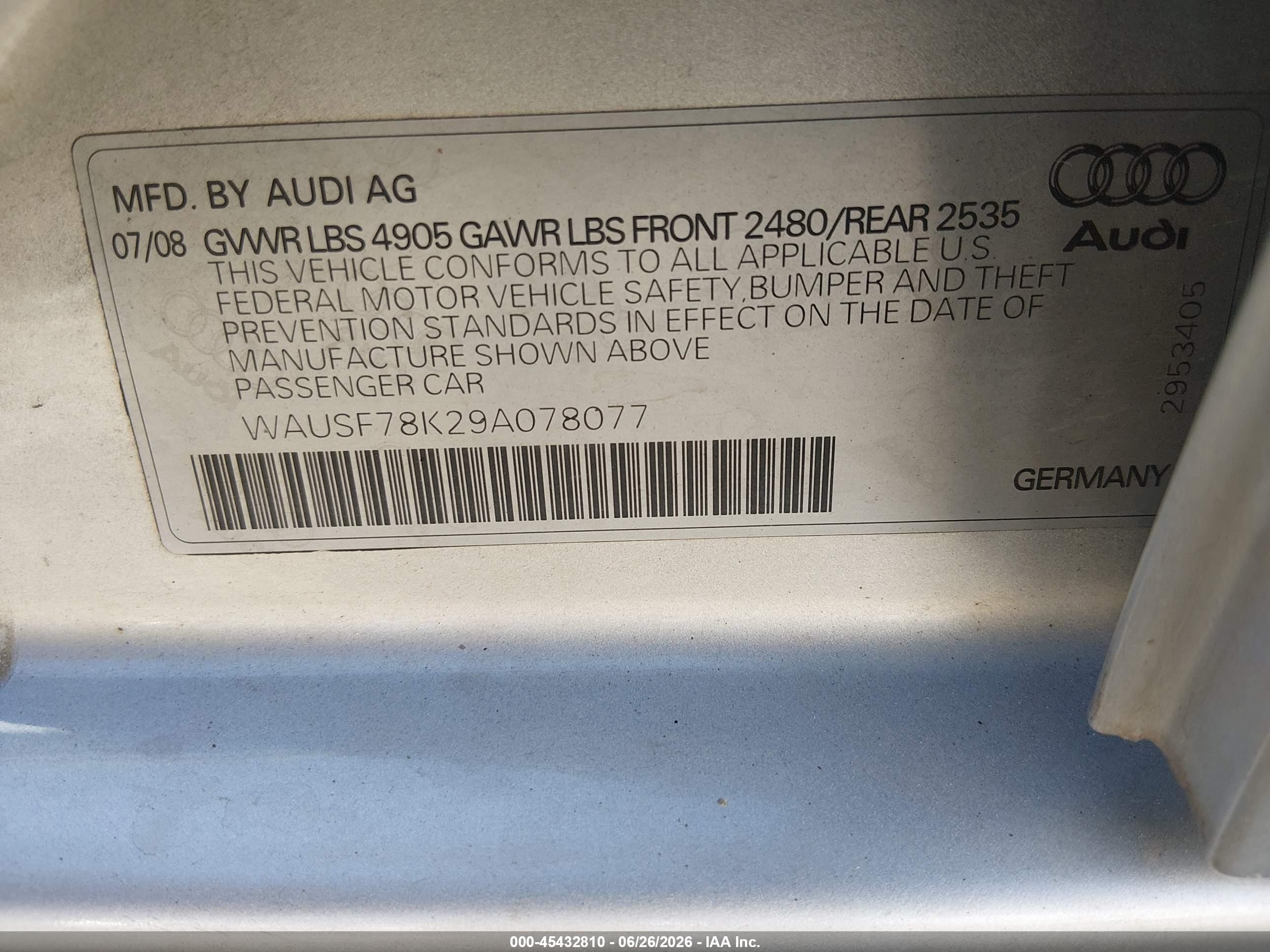 2009 Audi A4 2.0t Premium Серебряный vin: WAUSF78K29A078077