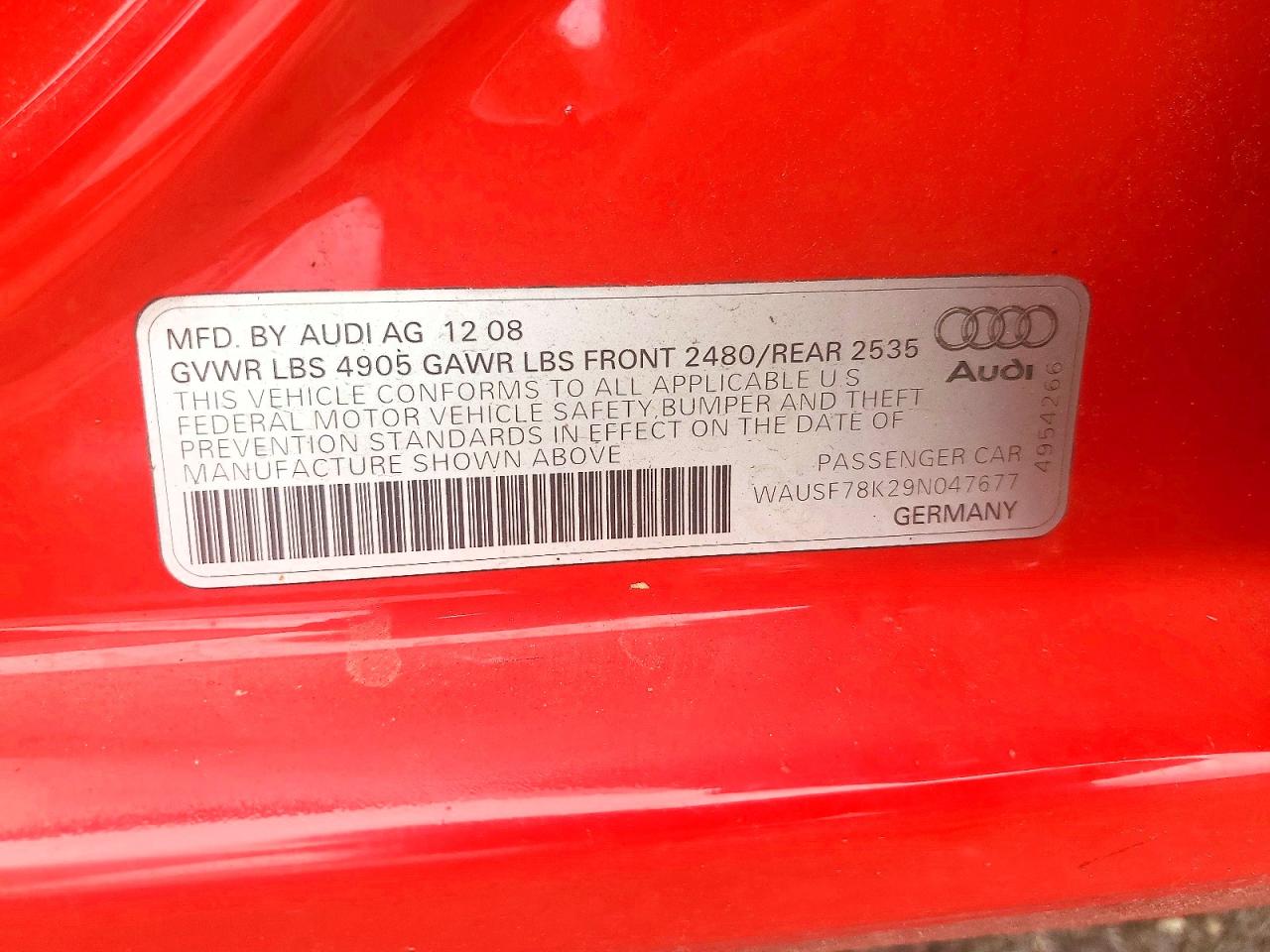 2009 Audi A4 Premium Plus Красный vin: WAUSF78K29N047677