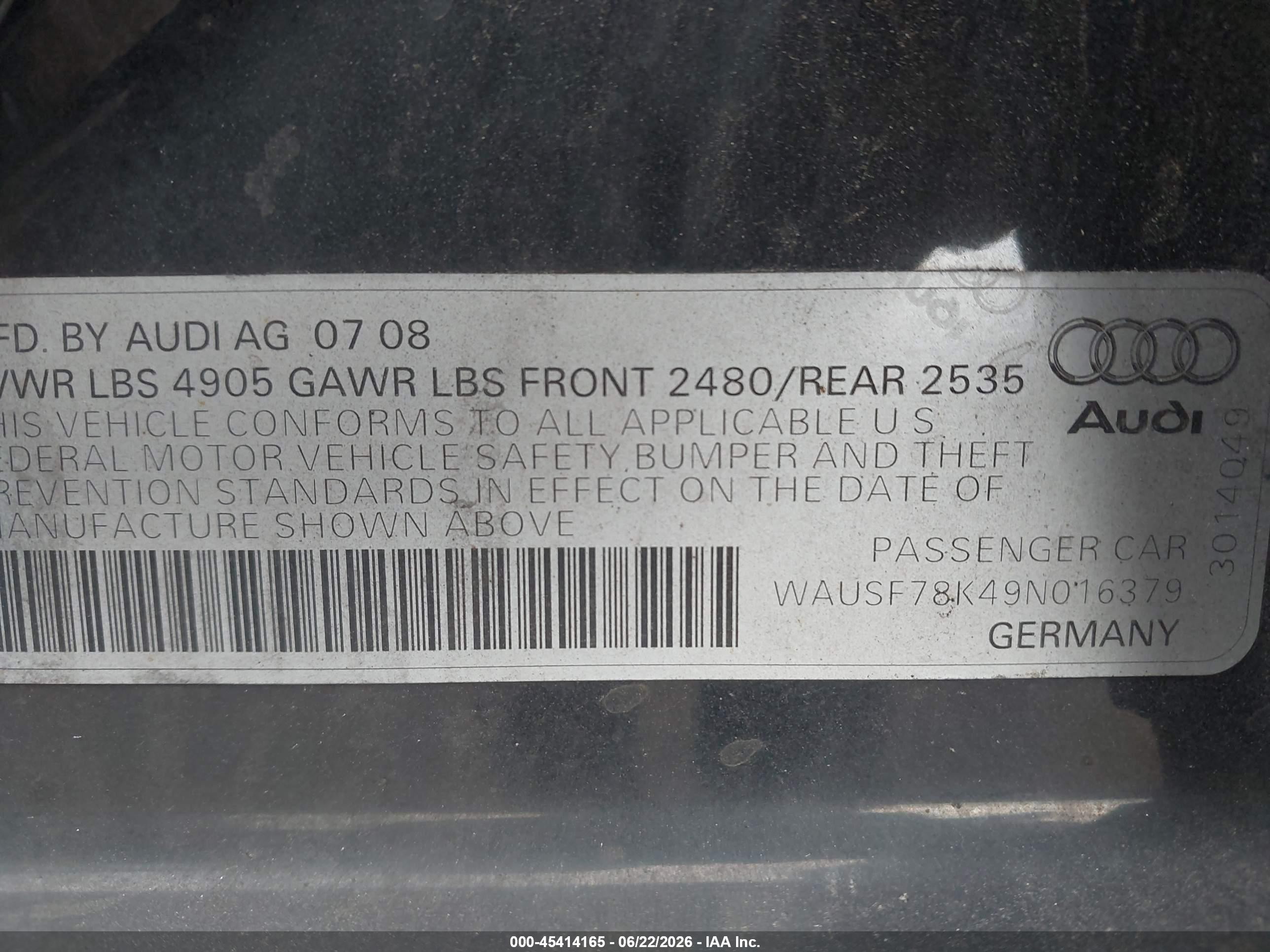 2009 Audi A4 2.0t Premium Black vin: WAUSF78K49N016379