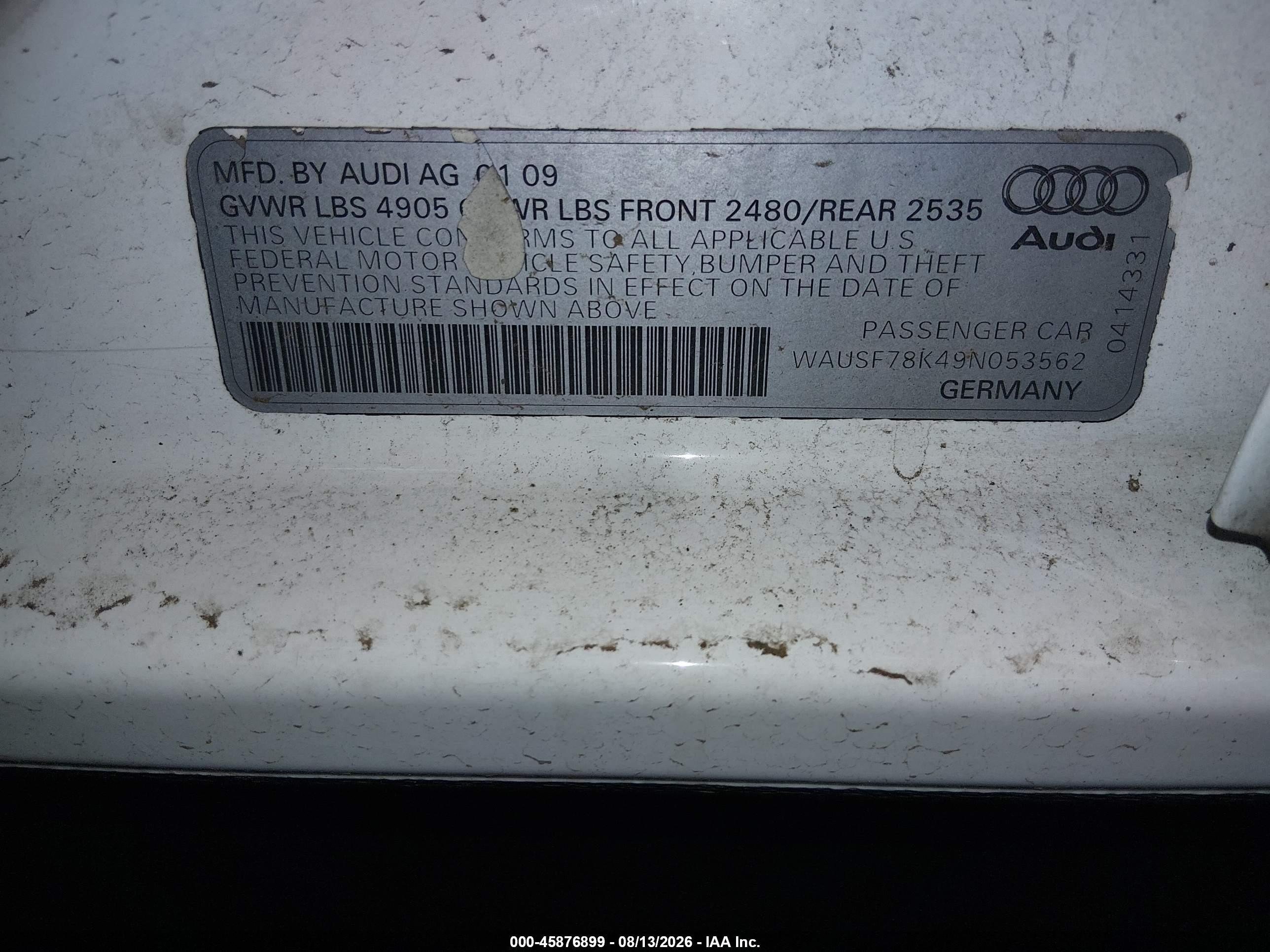 2009 Audi A4 2.0t Premium Белый vin: WAUSF78K49N053562