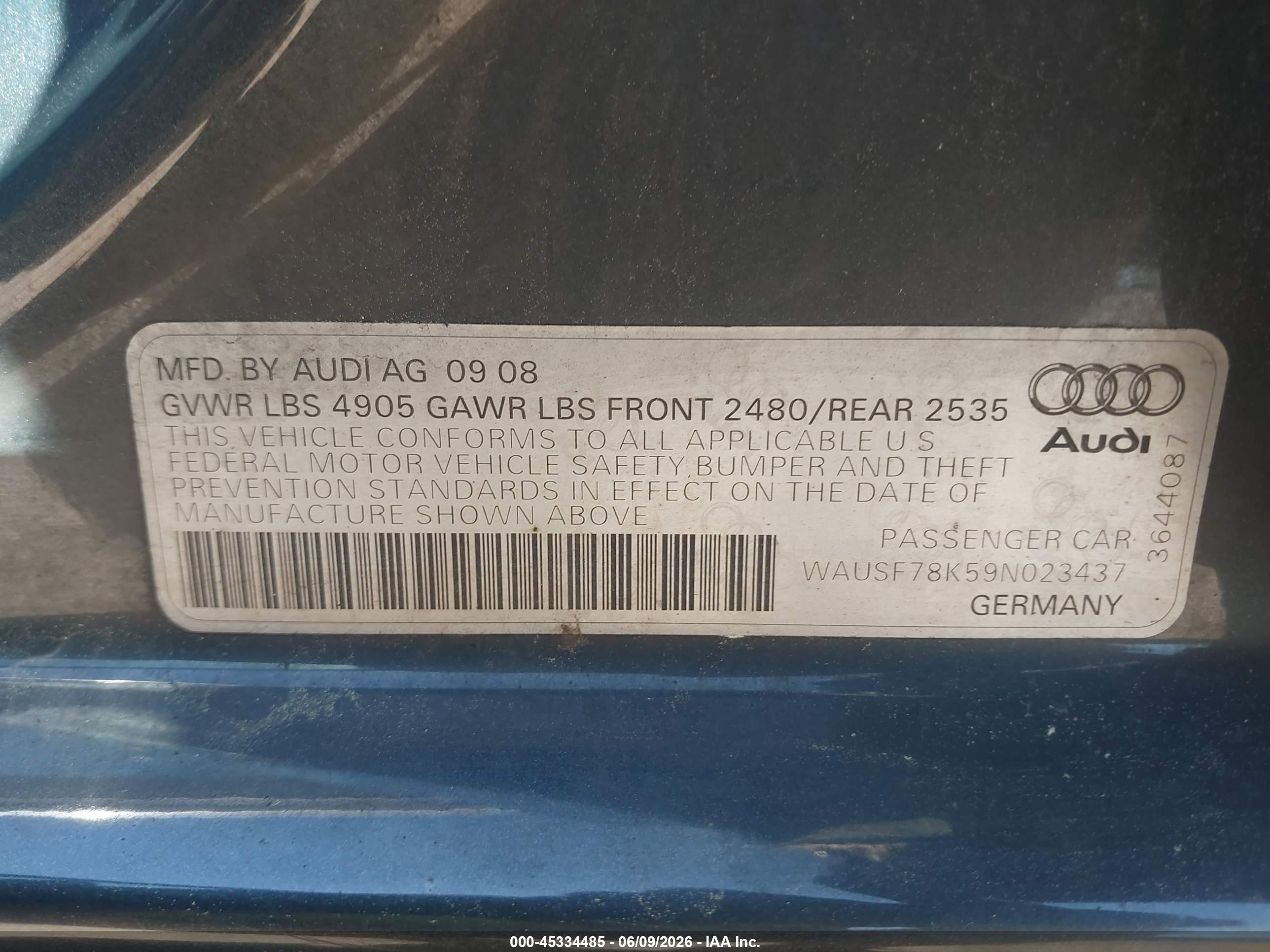2009 Audi A4 2.0t Premium Gray vin: WAUSF78K59N023437
