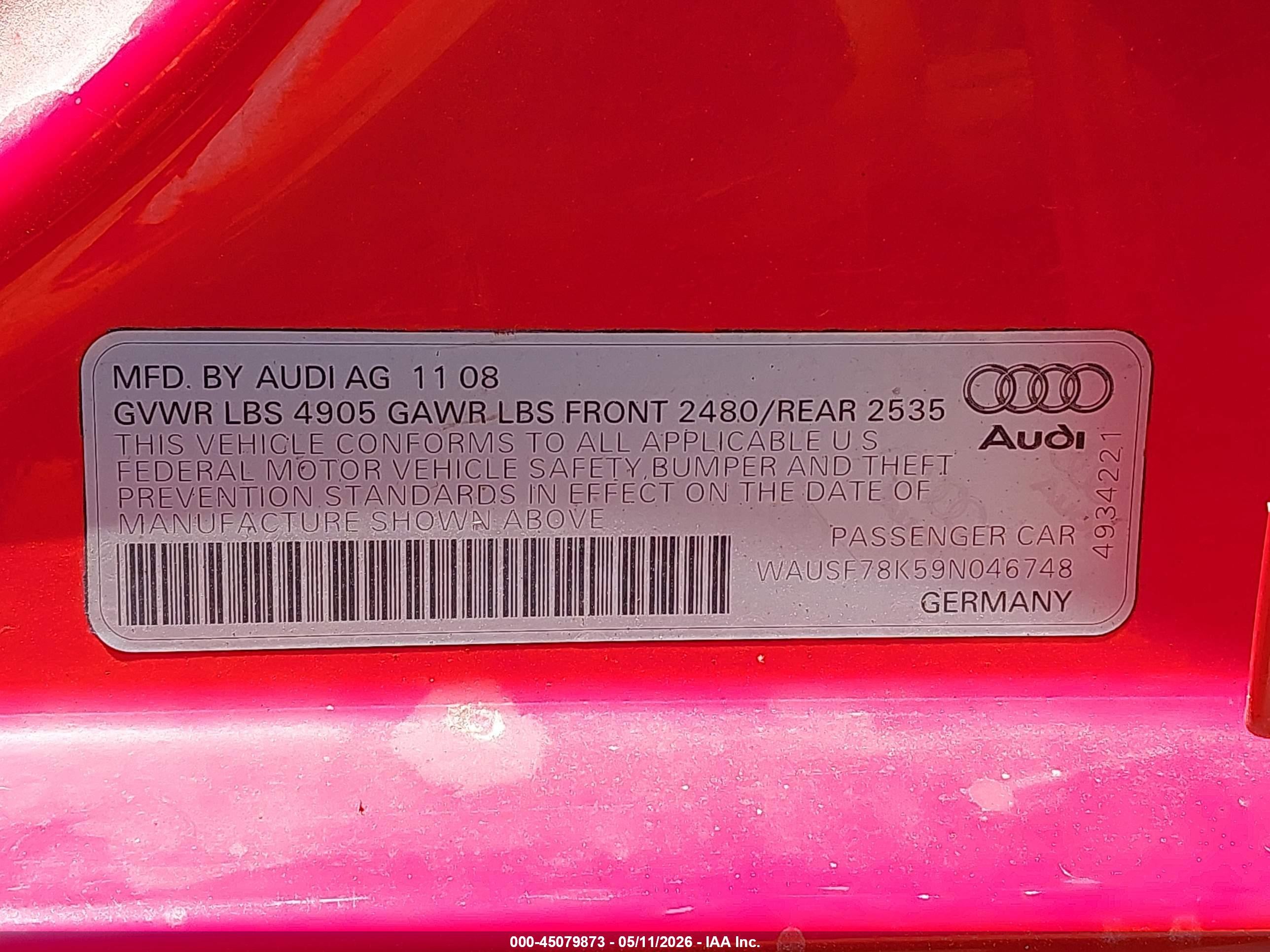 2009 Audi A4 2.0t Premium Красный vin: WAUSF78K59N046748