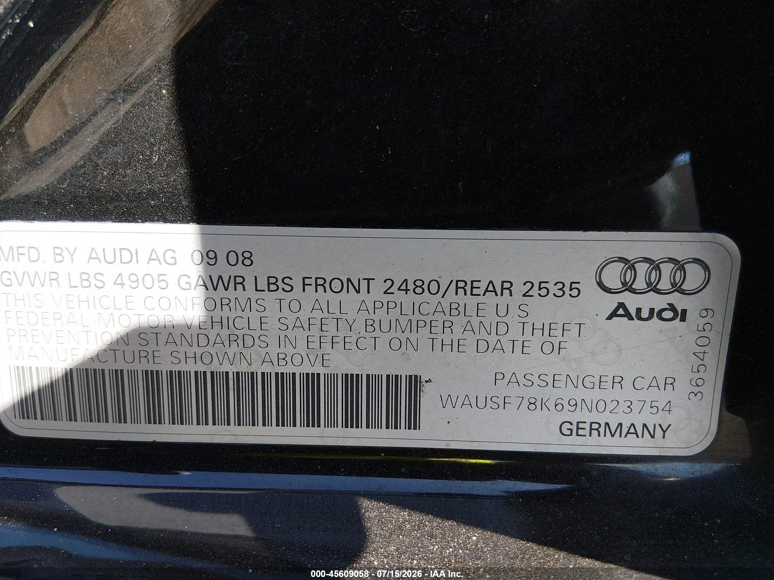2009 Audi A4 2.0t Premium Black vin: WAUSF78K69N023754