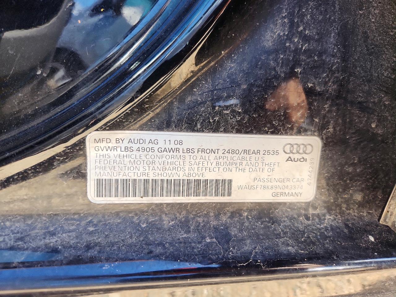 2009 Audi A4 Premium Plus Black vin: WAUSF78K89N043374