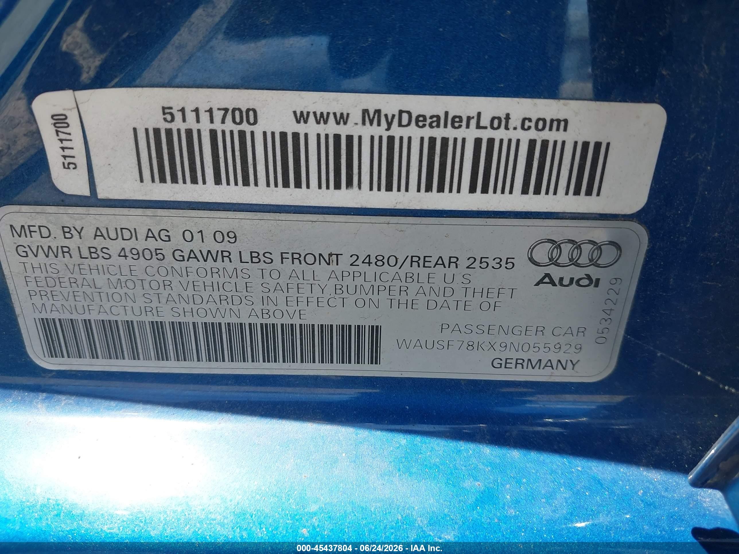 2009 Audi A4 2.0t Premium Blue vin: WAUSF78KX9N055929