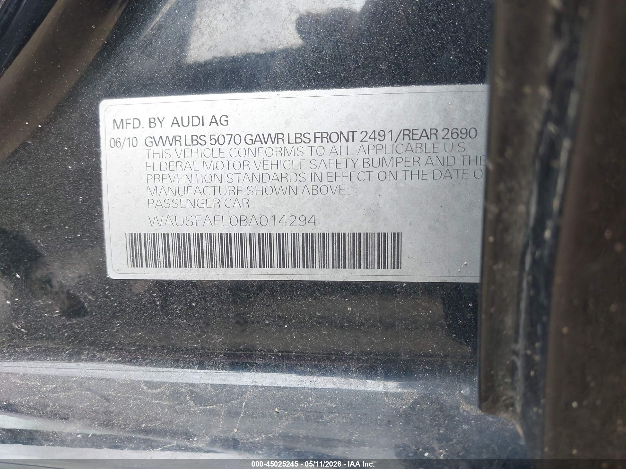 2011 Audi A4 2.0t Premium Black vin: WAUSFAFL0BA014294