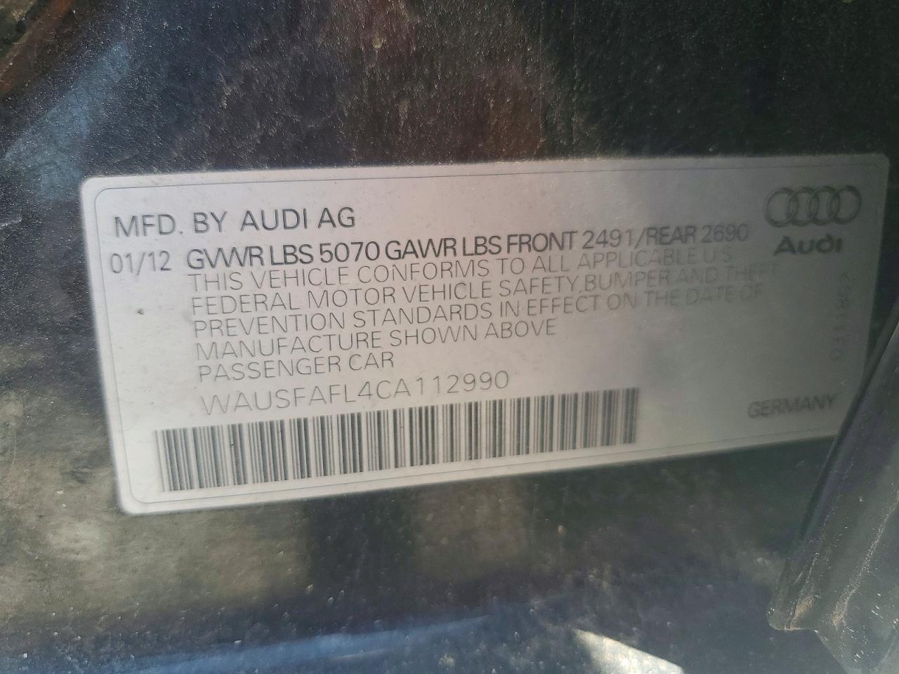 2012 Audi A4 Premium Black vin: WAUSFAFL4CA112990