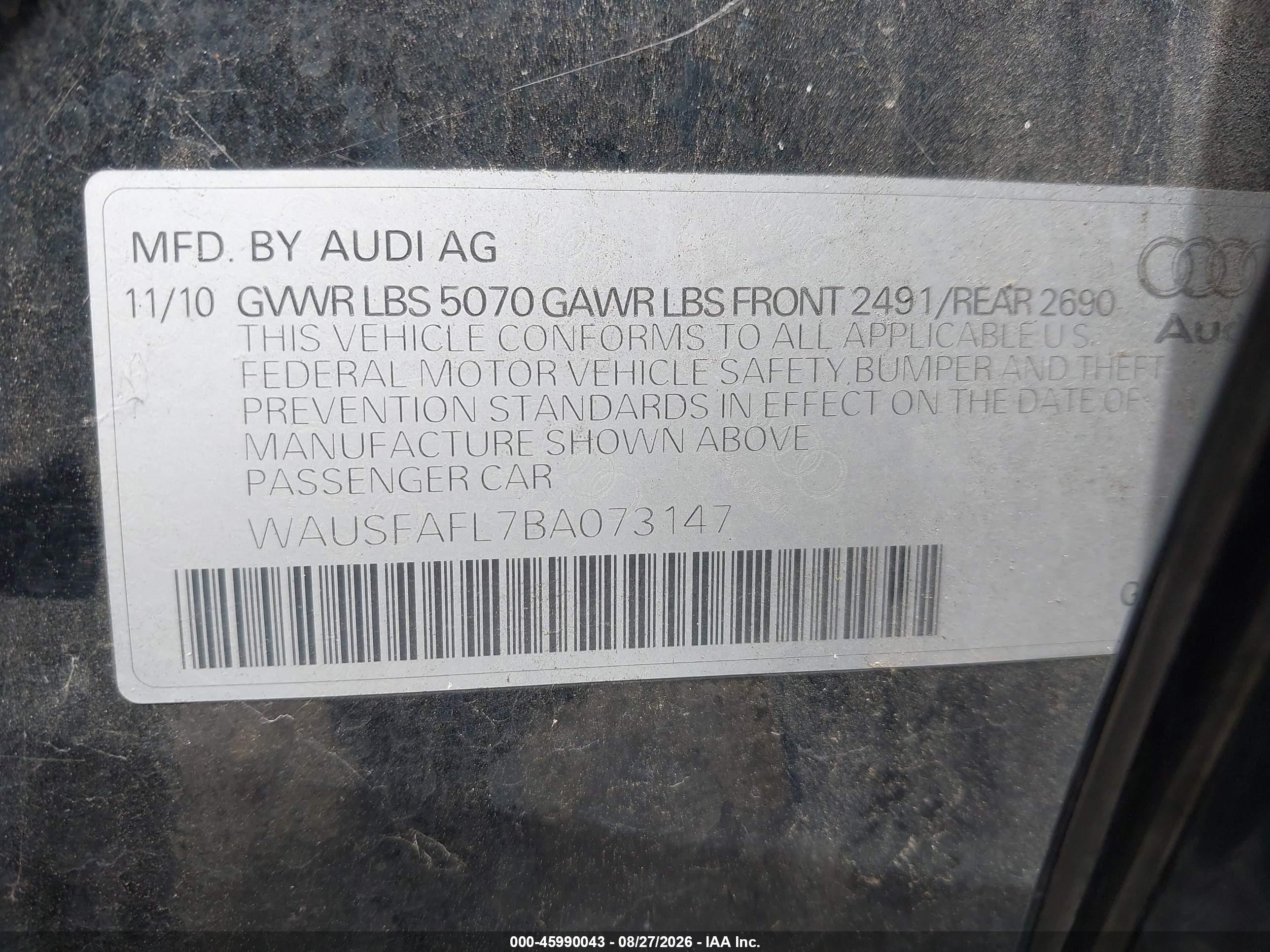 2011 Audi A4 2.0t Premium Black vin: WAUSFAFL7BA073147
