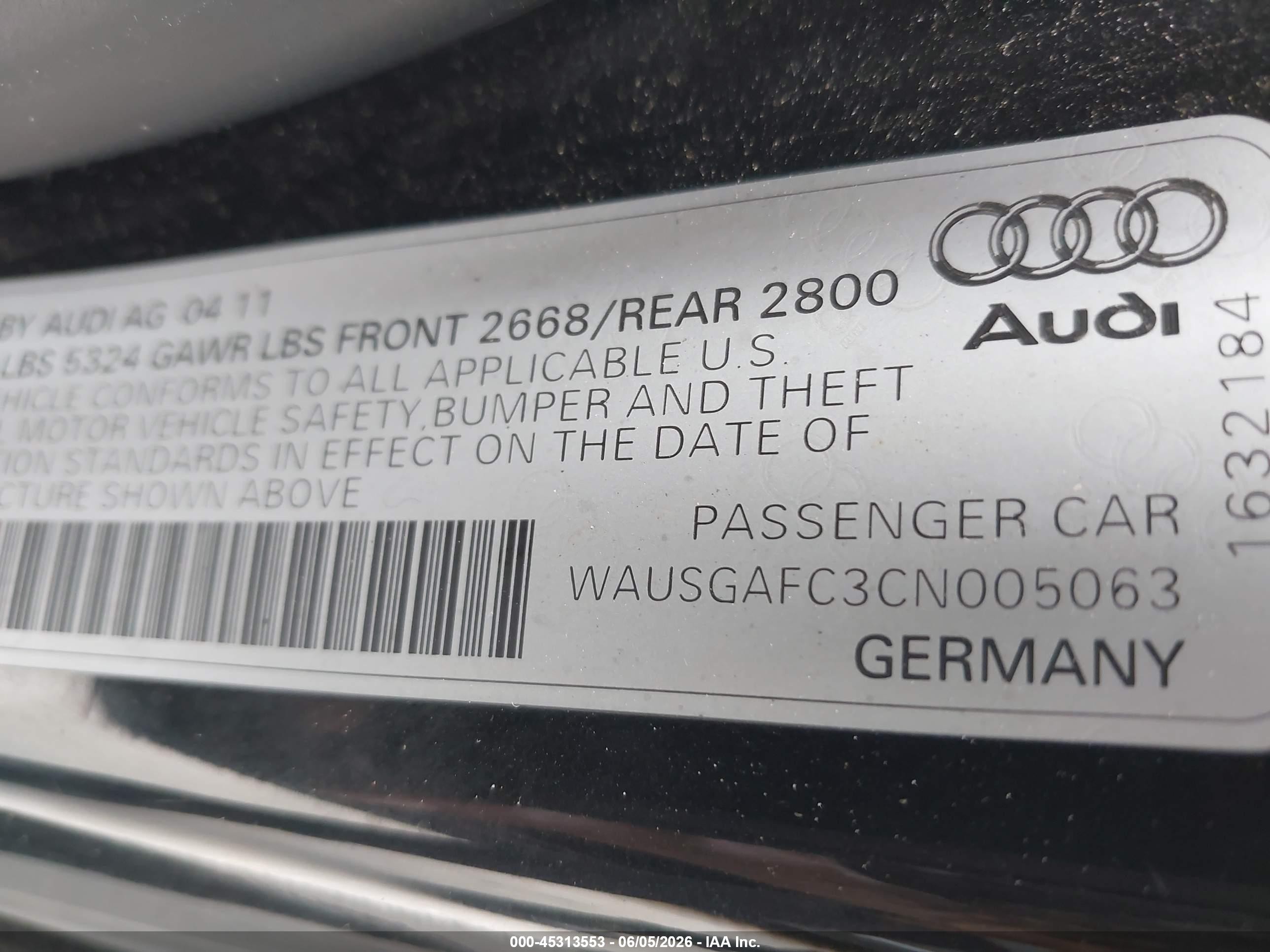 2012 Audi A7 3.0 Prestige Black vin: WAUSGAFC3CN005063