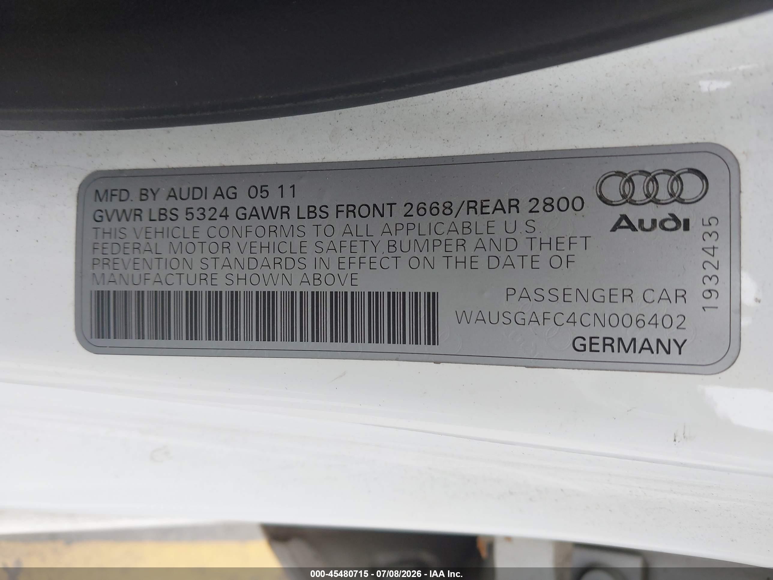 2012 Audi A7 3.0 Prestige White vin: WAUSGAFC4CN006402