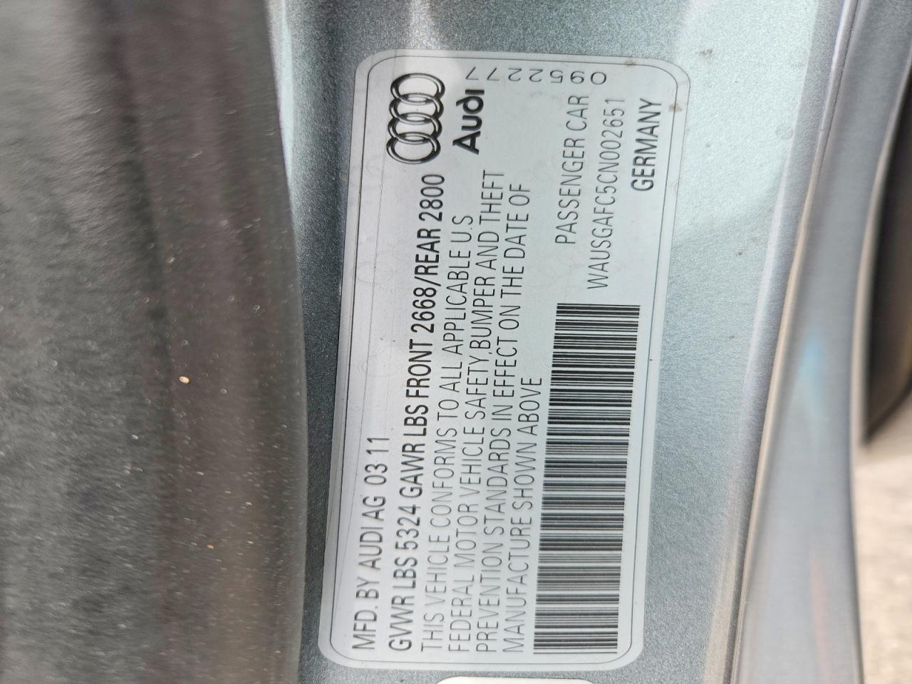 2012 Audi A7 Prestige Silver vin: WAUSGAFC5CN002651