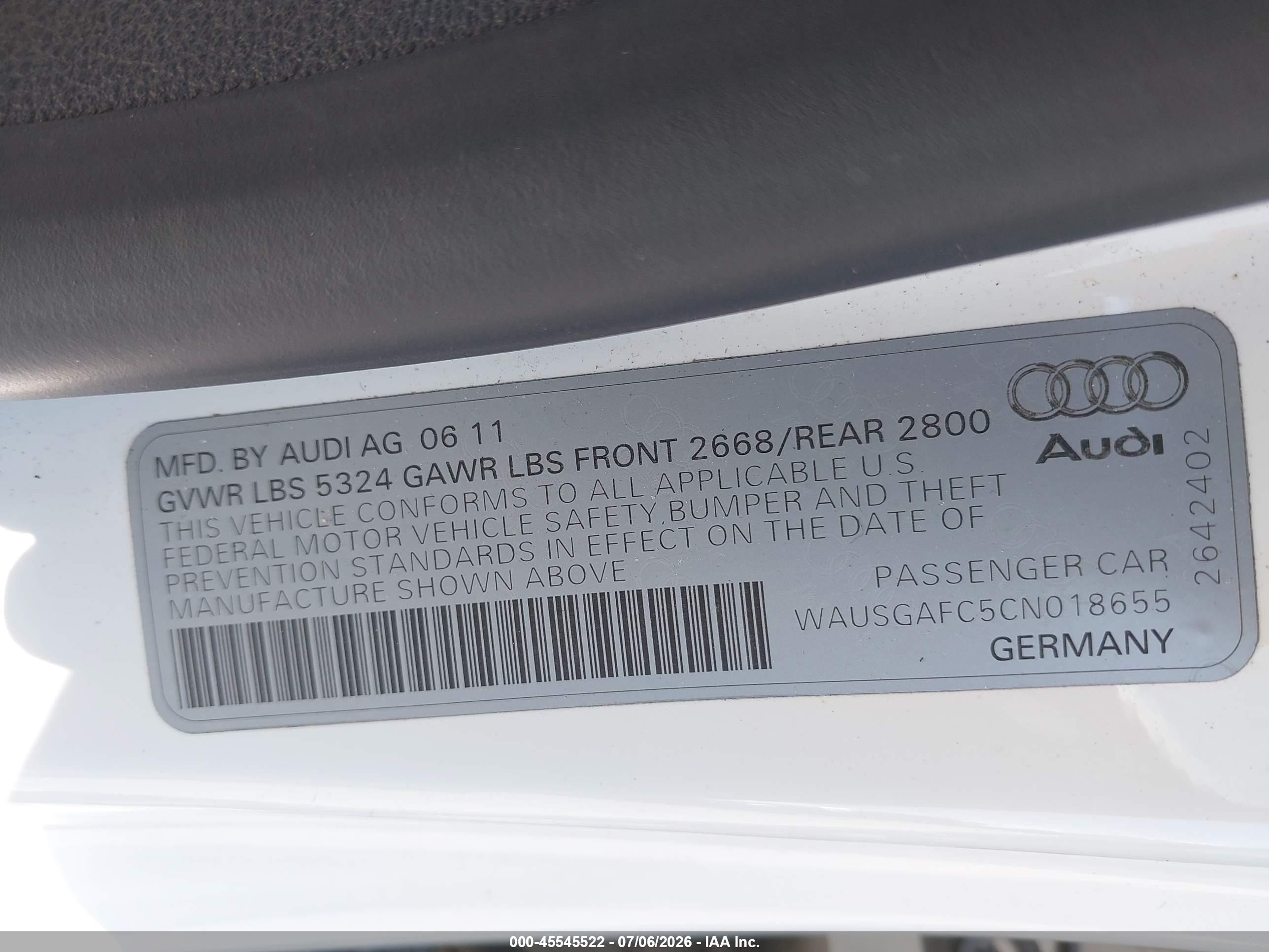 2012 Audi A7 3.0 Prestige White vin: WAUSGAFC5CN018655