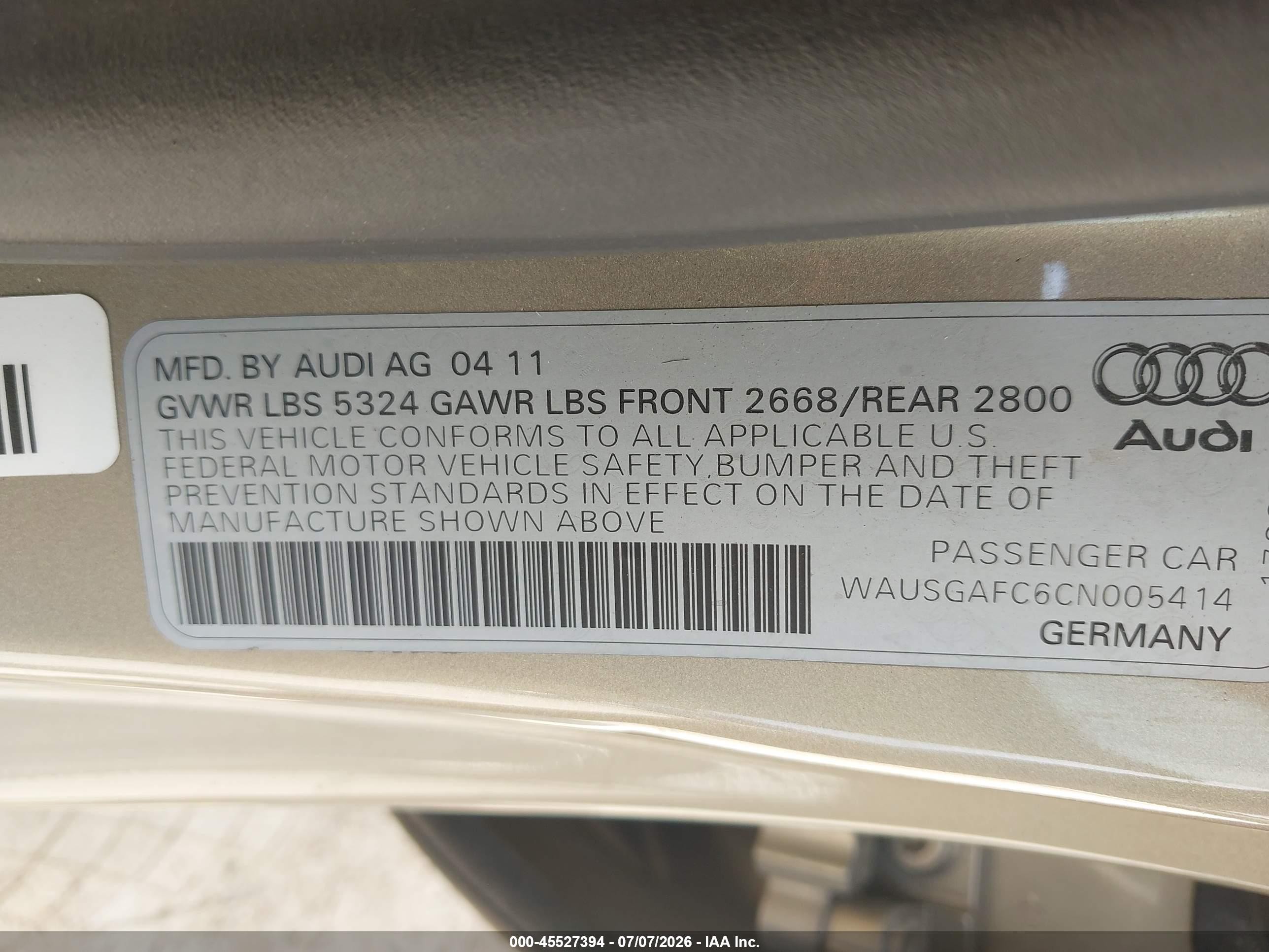 2012 Audi A7 3.0 Premium Plus Champagne vin: WAUSGAFC6CN005414