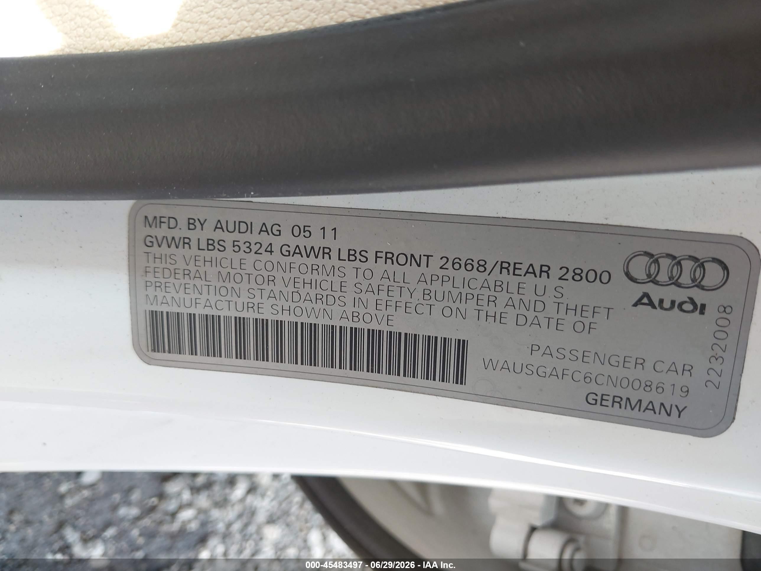 2012 Audi A7 3.0 Prestige White vin: WAUSGAFC6CN008619