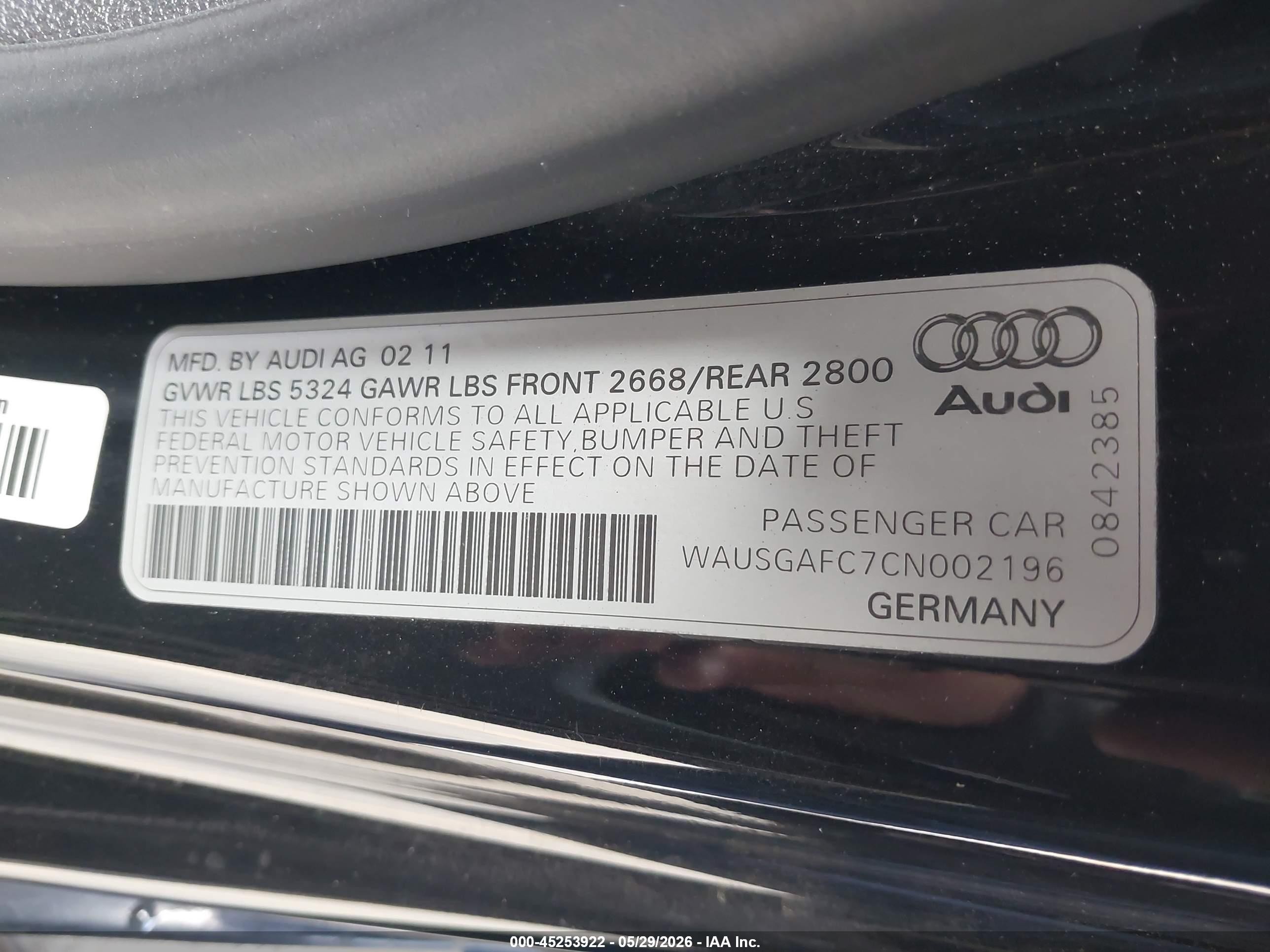 2012 Audi A7 Premium Black vin: WAUSGAFC7CN002196